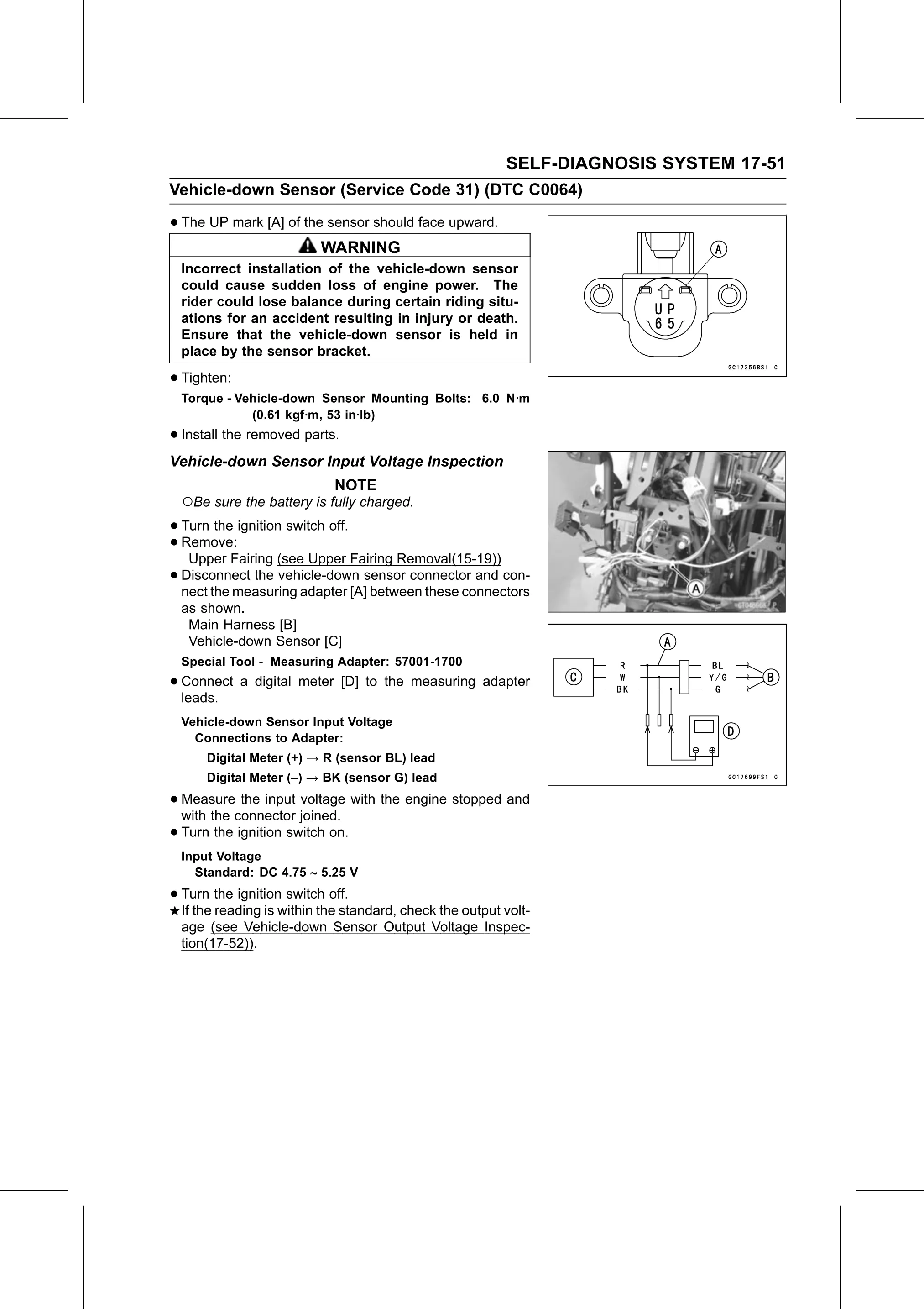 Service Manual (KLZ1000C) page 653 — Self-Diagnosis System › Vehicle-down Sensor Input Voltage Inspection