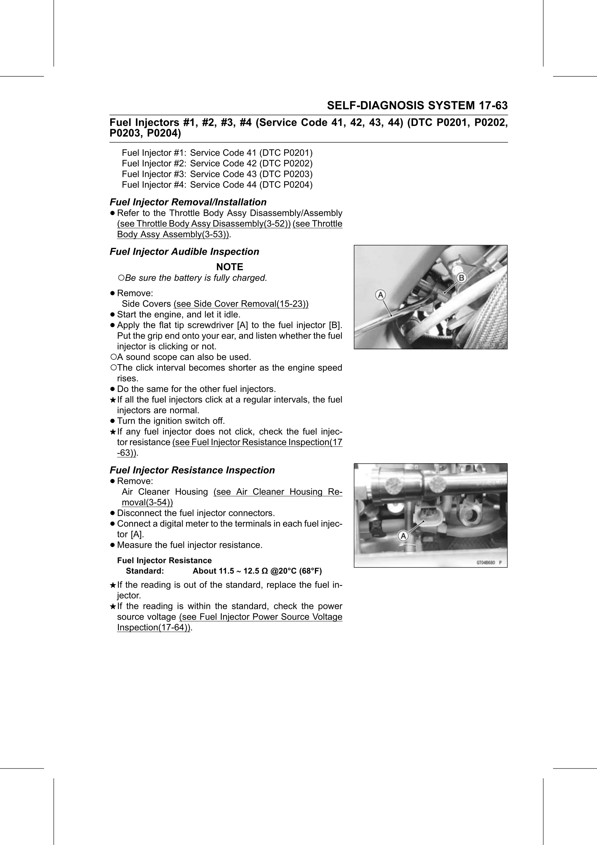 Service Manual (KLZ1000C) page 665 — Self-Diagnosis System › Fuel Injector Resistance Inspection