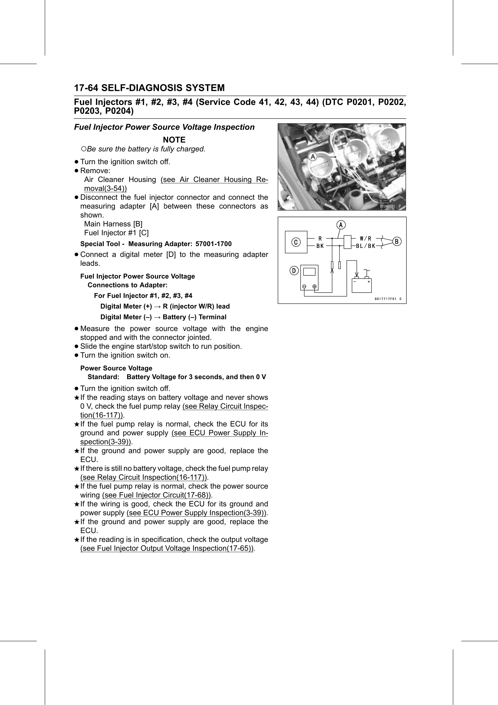 Service Manual (KLZ1000C) page 666 — Self-Diagnosis System › Fuel Injector Power Source Voltage Inspection