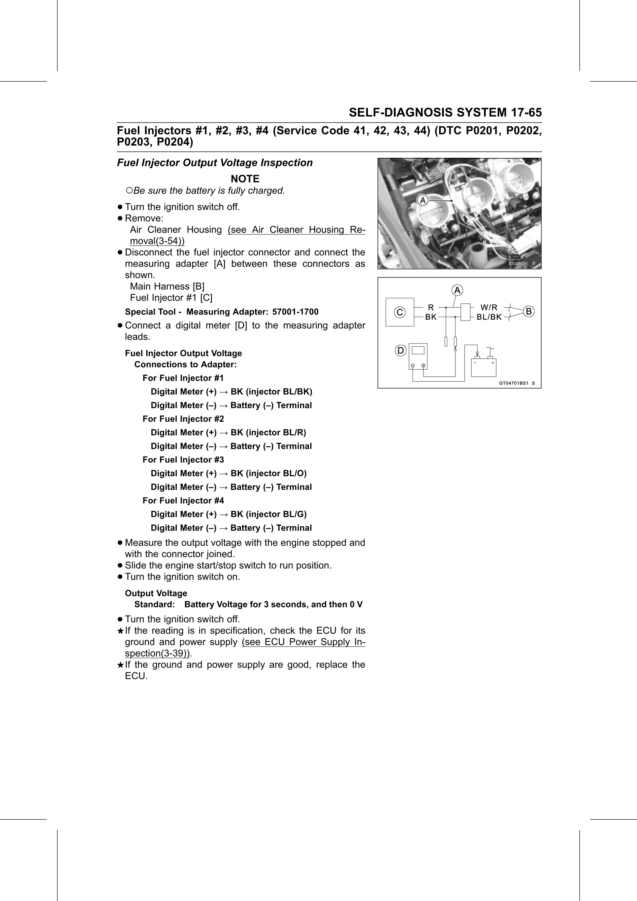 Service Manual (KLZ1000C) page 667 — Self-Diagnosis System › Fuel Injector Output Voltage Inspection
