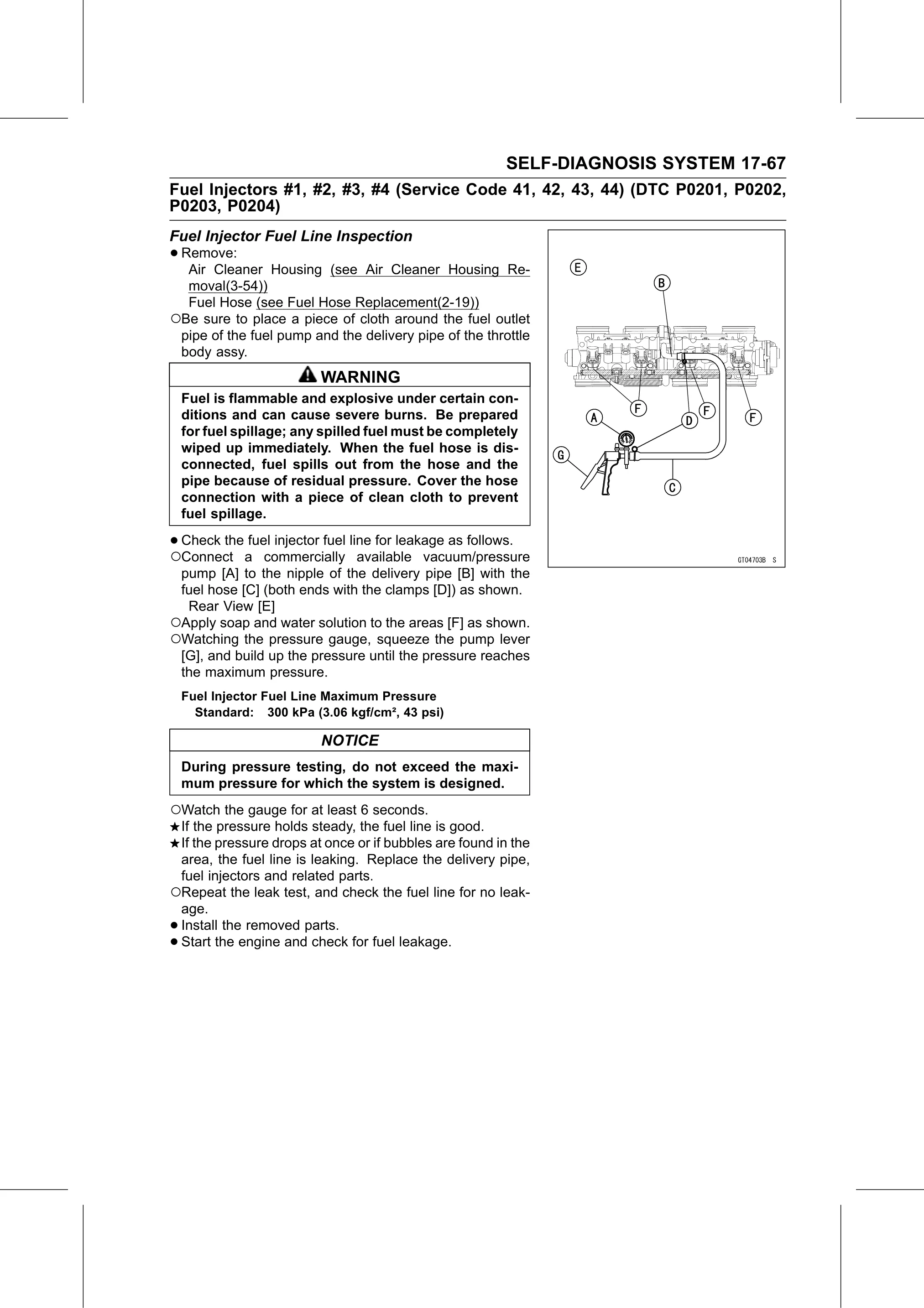 Service Manual (KLZ1000C) page 669 — Self-Diagnosis System › Fuel Injector Fuel Line Inspection