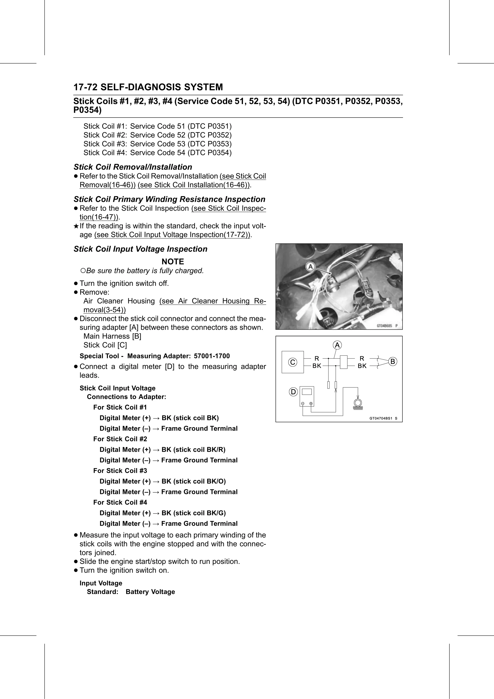 Service Manual (KLZ1000C) page 674 — Self-Diagnosis System › Stick Coil Input Voltage Inspection