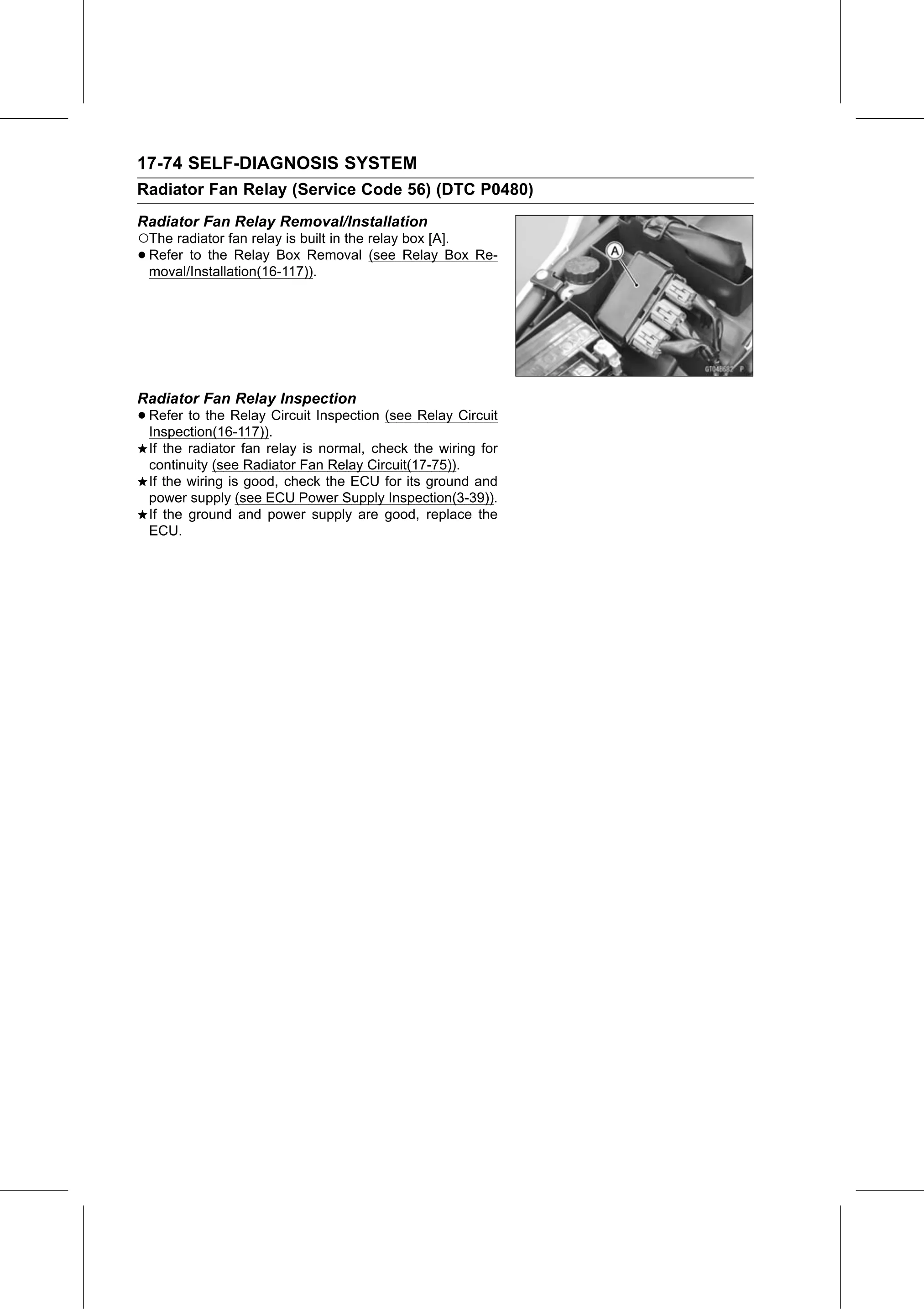 Service Manual (KLZ1000C) page 676 — Self-Diagnosis System › Radiator Fan Relay Inspection