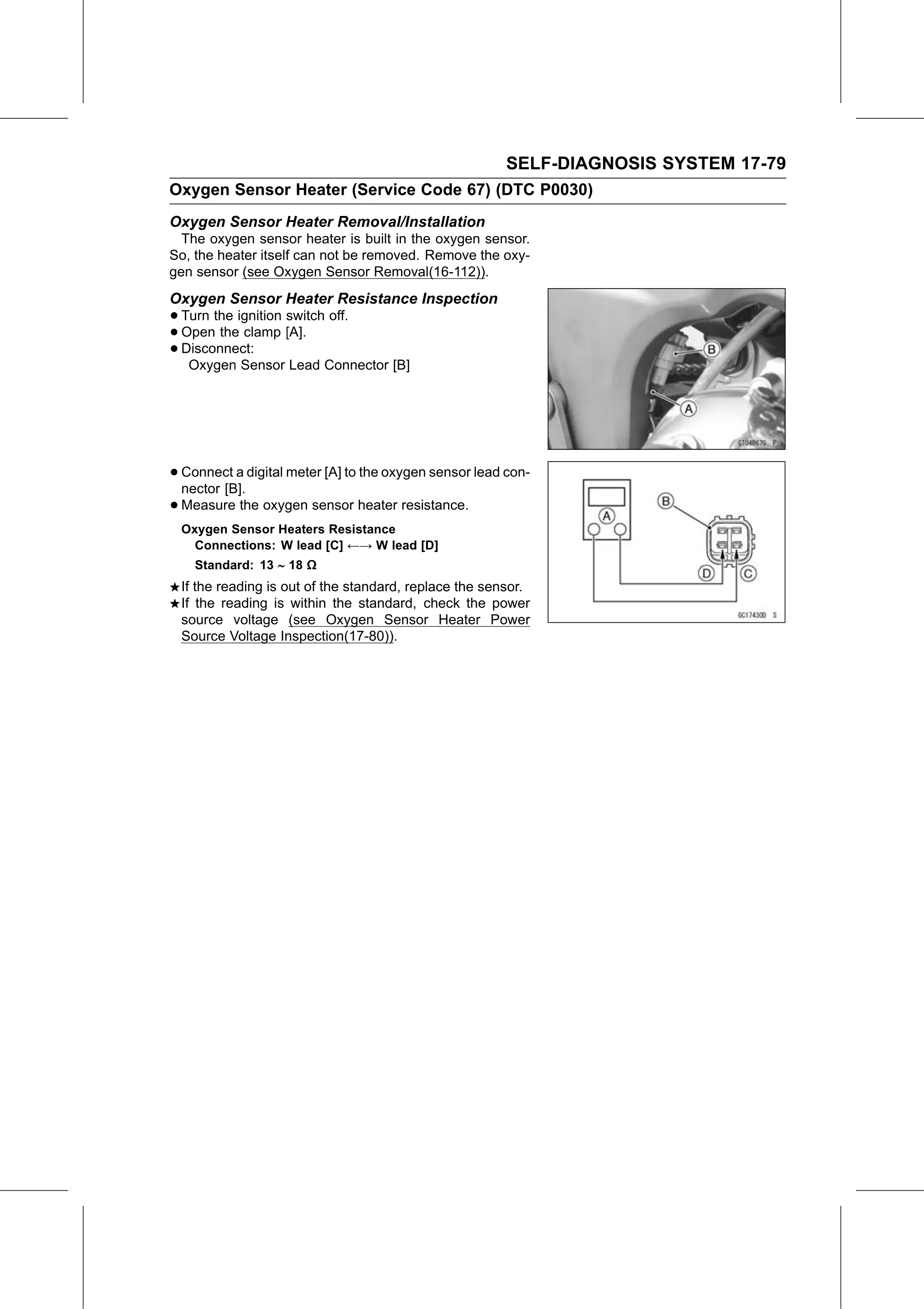 Service Manual (KLZ1000C) page 681 — Self-Diagnosis System › Oxygen Sensor Heater Resistance Inspection
