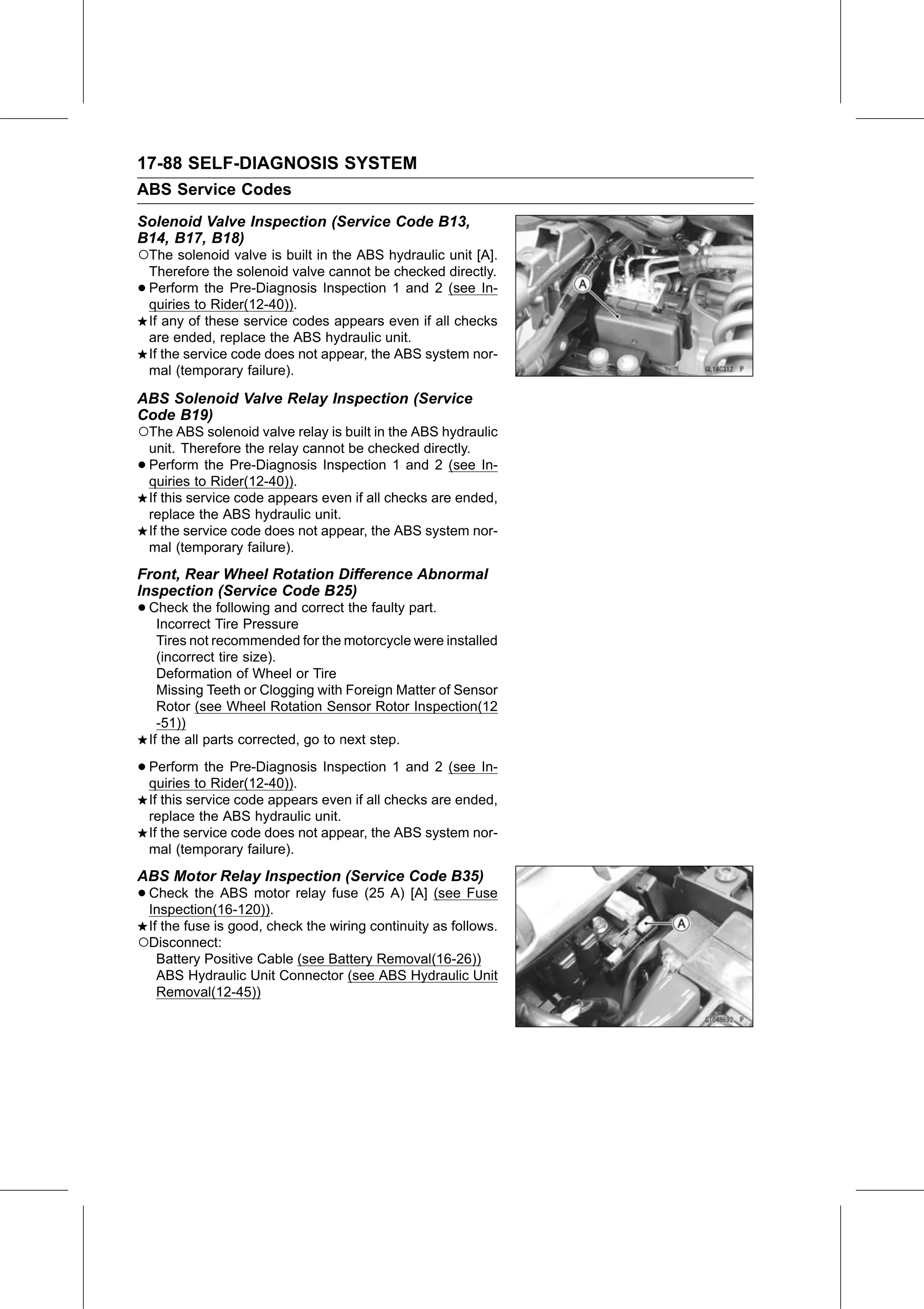 Service Manual (KLZ1000C) page 690 — Self-Diagnosis System › ABS Motor Relay Inspection (Service Code B35)