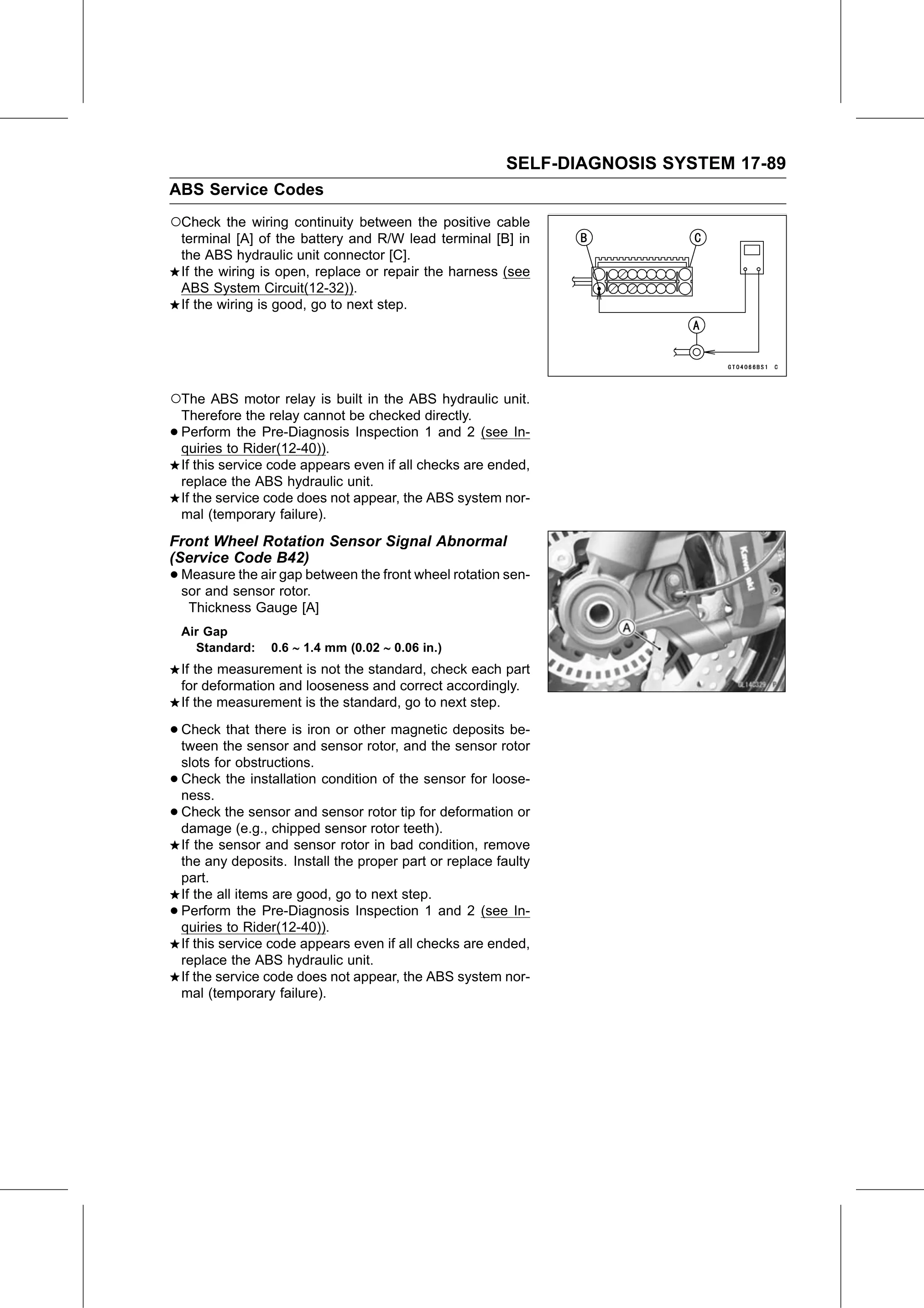 Service Manual (KLZ1000C) page 691 — Self-Diagnosis System › Front Wheel Rotation Sensor Signal Abnormal (Service Code B42)