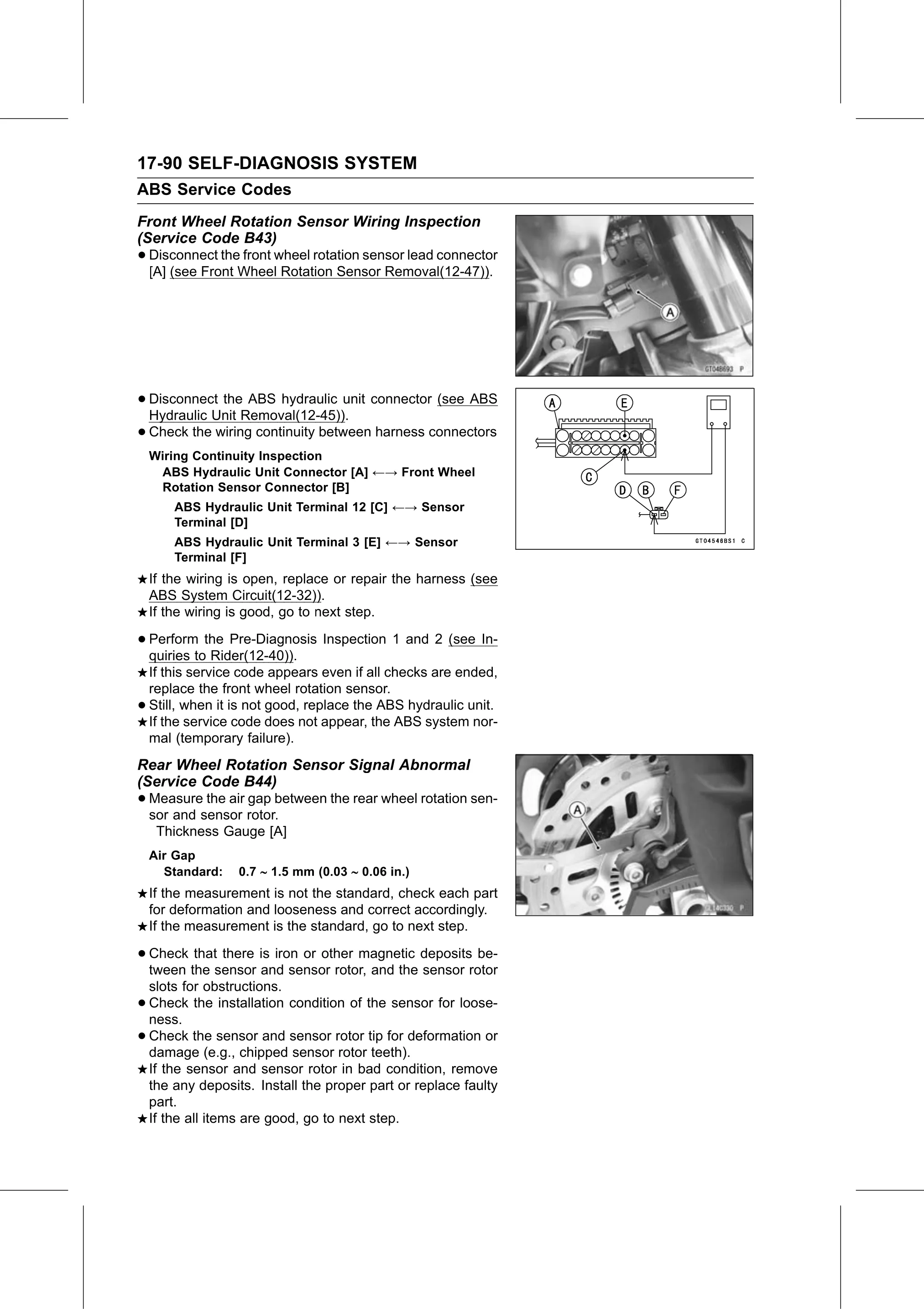 Service Manual (KLZ1000C) page 692 — Self-Diagnosis System › Rear Wheel Rotation Sensor Signal Abnormal (Service Code B44)