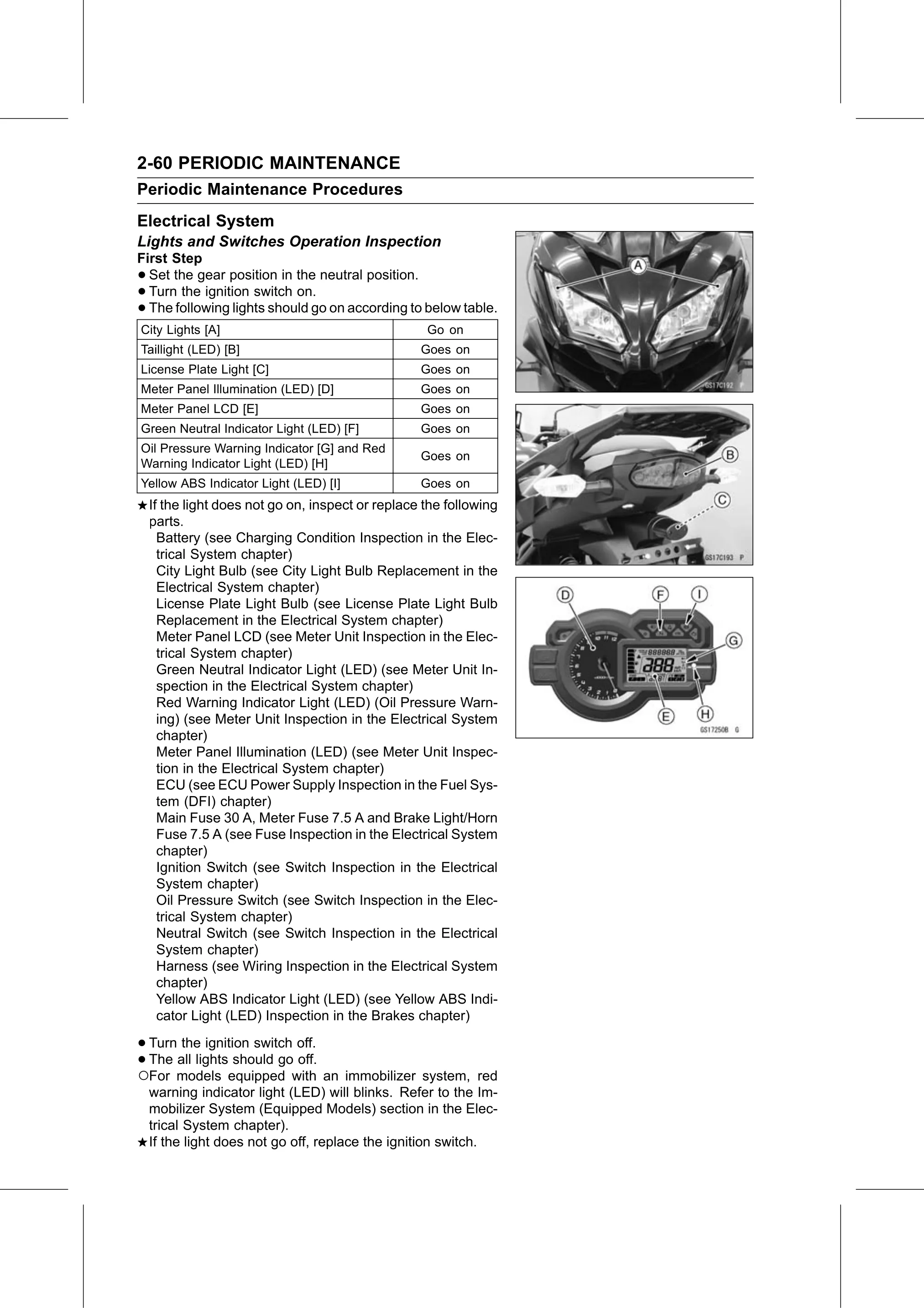 Service Manual page 82 — Periodic Maintenance › Lights and Switches Operation Inspection