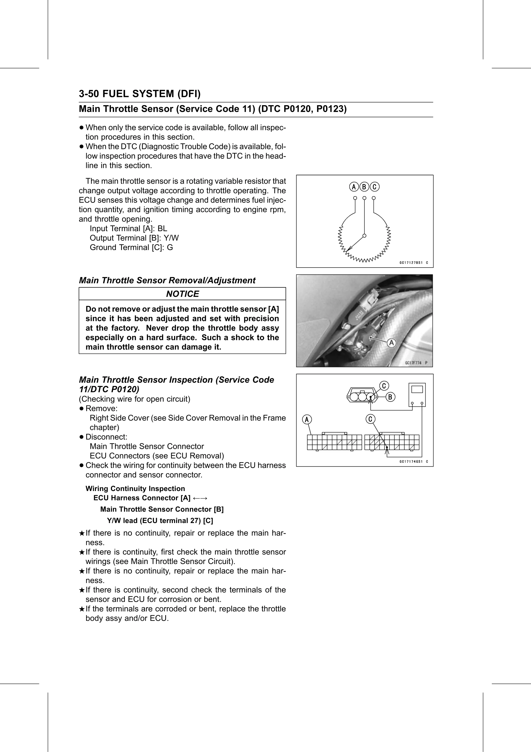 Service Manual page 140 — Fuel System (DFI) › Main Throttle Sensor Inspection (Service Code 11/DTC P0120)