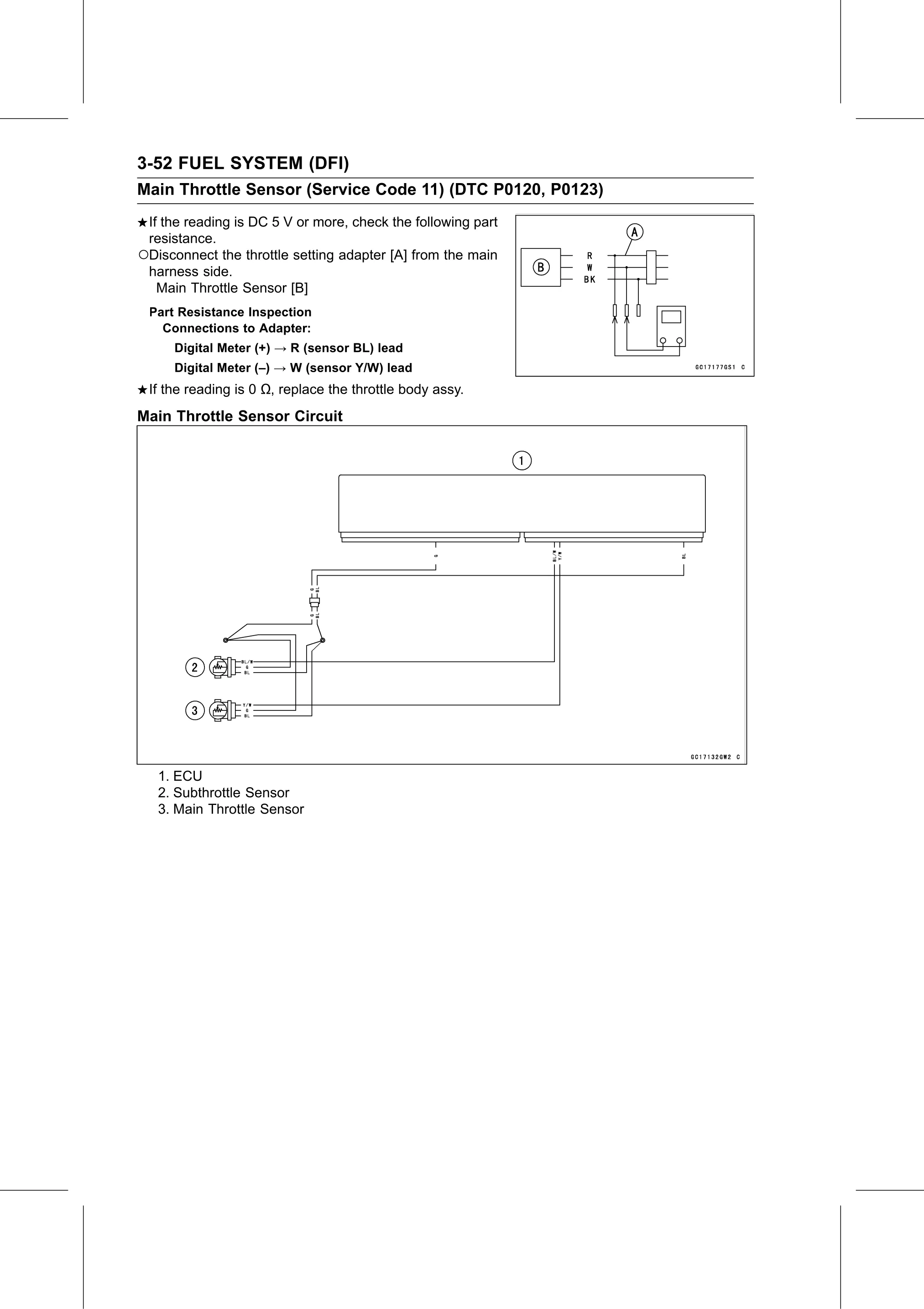 Service Manual page 142 — Fuel System (DFI) › Main Throttle Sensor Inspection (Service Code 11/DTC P0123)