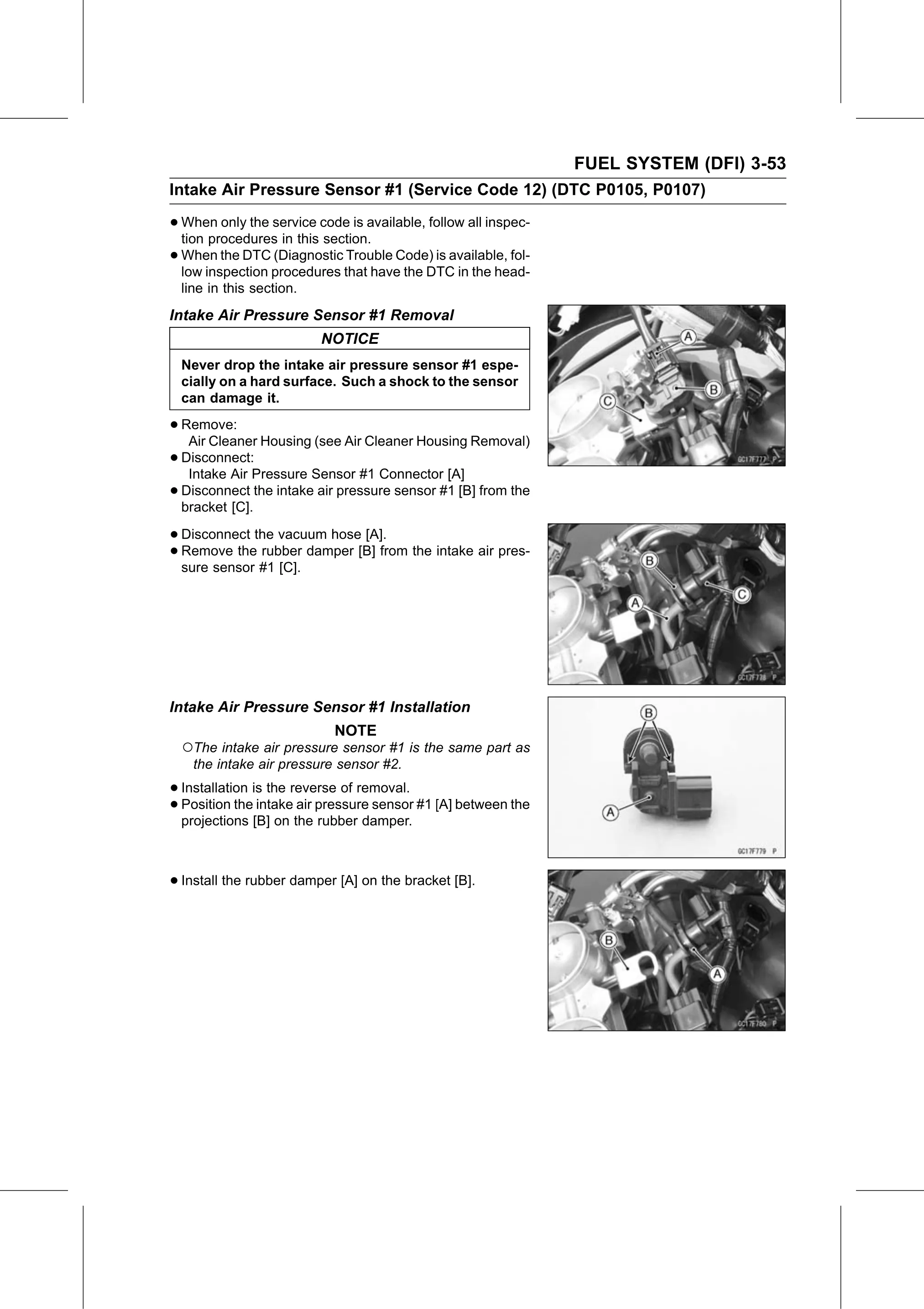 Service Manual page 143 — Fuel System (DFI) › Intake Air Pressure Sensor #1 Installation