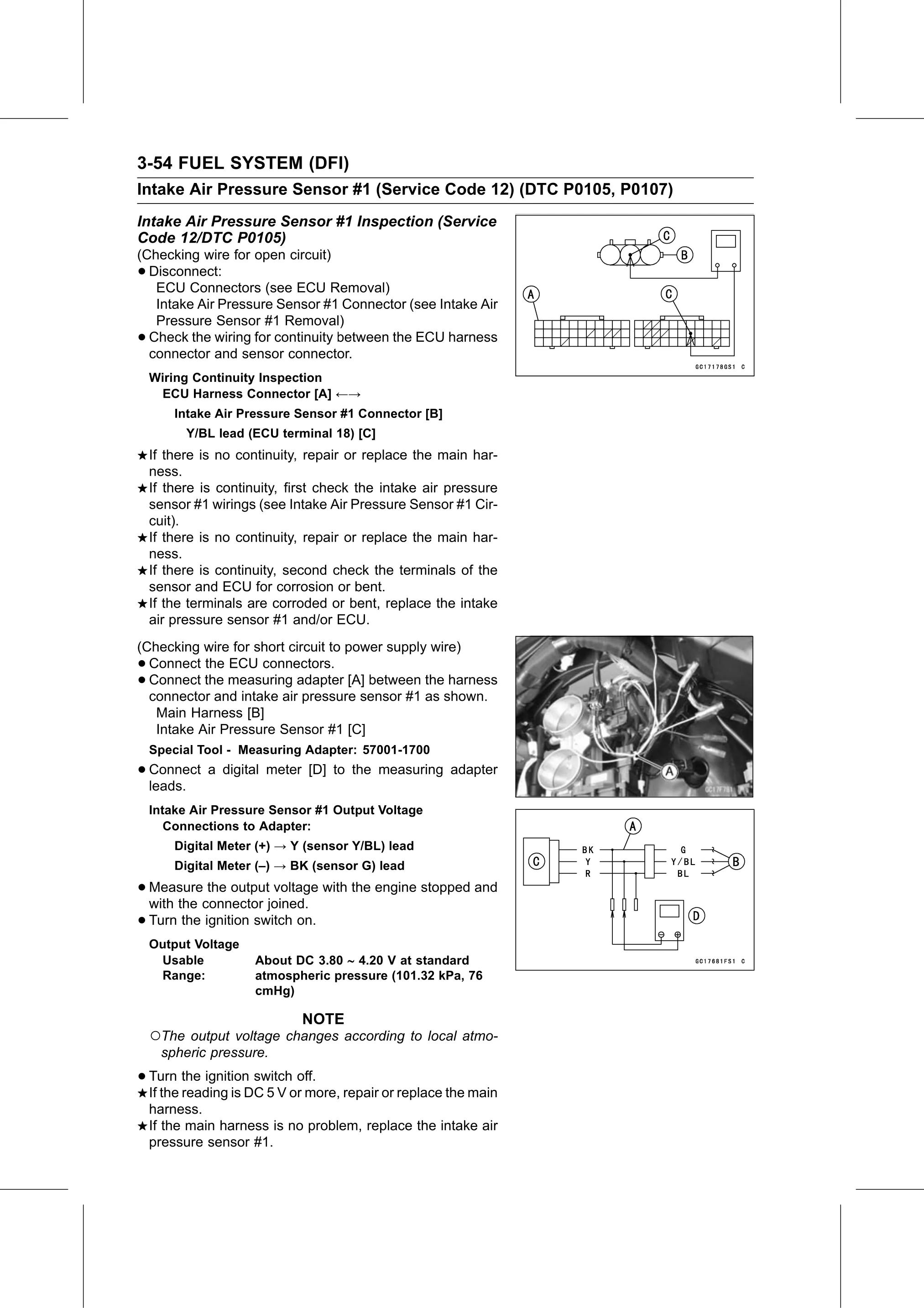Service Manual page 144 — Fuel System (DFI) › Intake Air Pressure Sensor #1 Inspection (Service Code 12/DTC P0105)