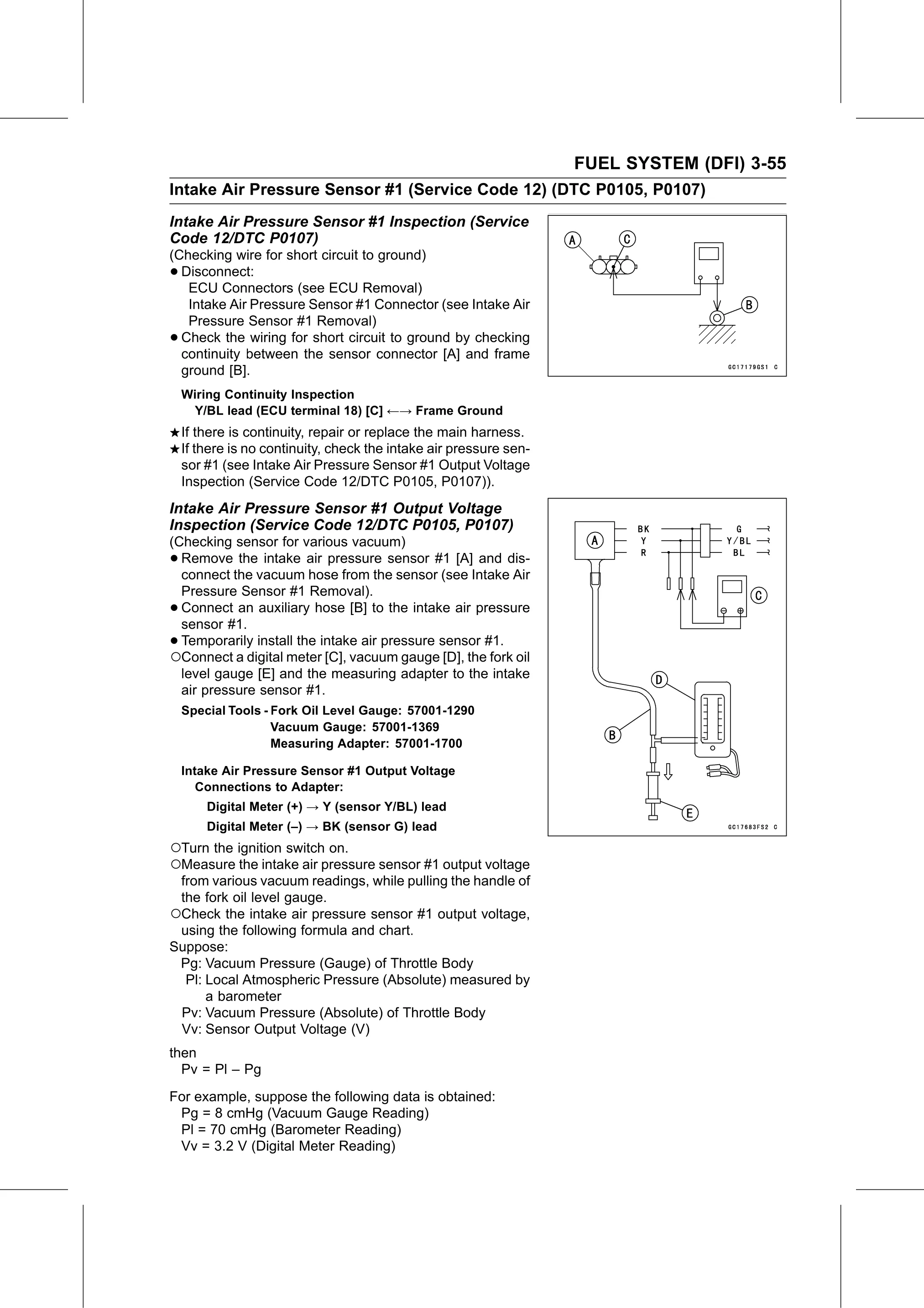 Service Manual page 145 — Fuel System (DFI) › Intake Air Pressure Sensor #1 Output Voltage Inspection (Service Code 12/DTC P0105, P0107)