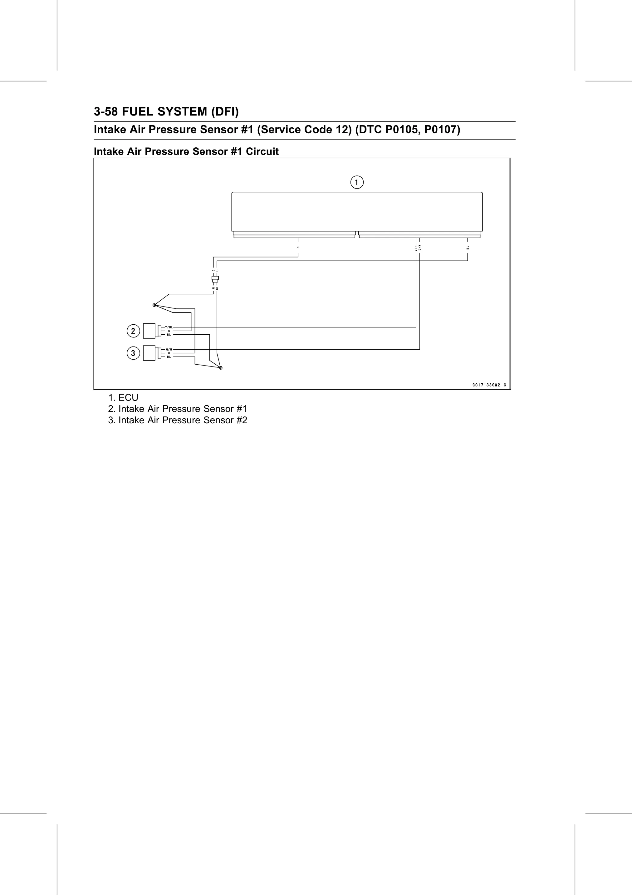 Service Manual page 148 — Fuel System (DFI) › Intake Air Pressure Sensor #1 Output Voltage Inspection (Service Code 12/DTC P0105, P0107)