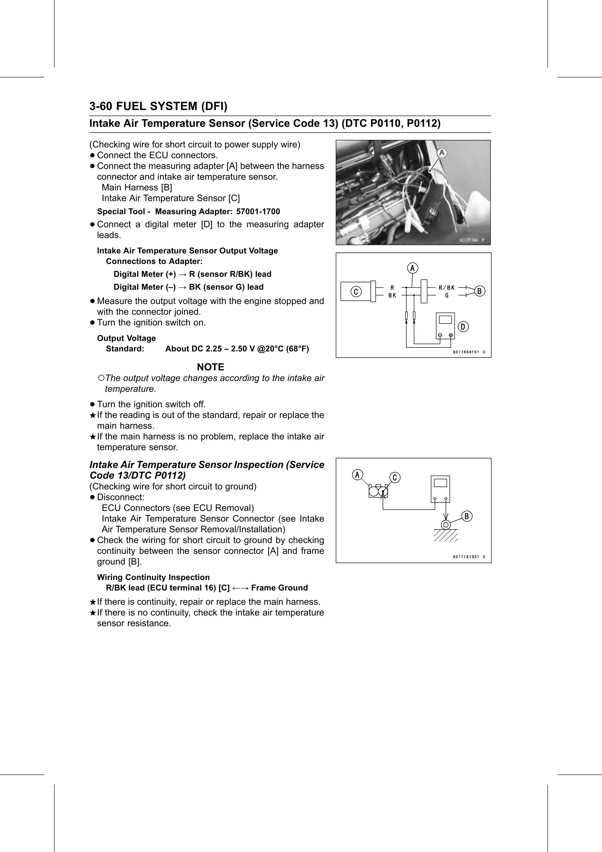 Service Manual page 150 — Fuel System (DFI) › Intake Air Temperature Sensor Inspection (Service Code 13/DTC P0112)