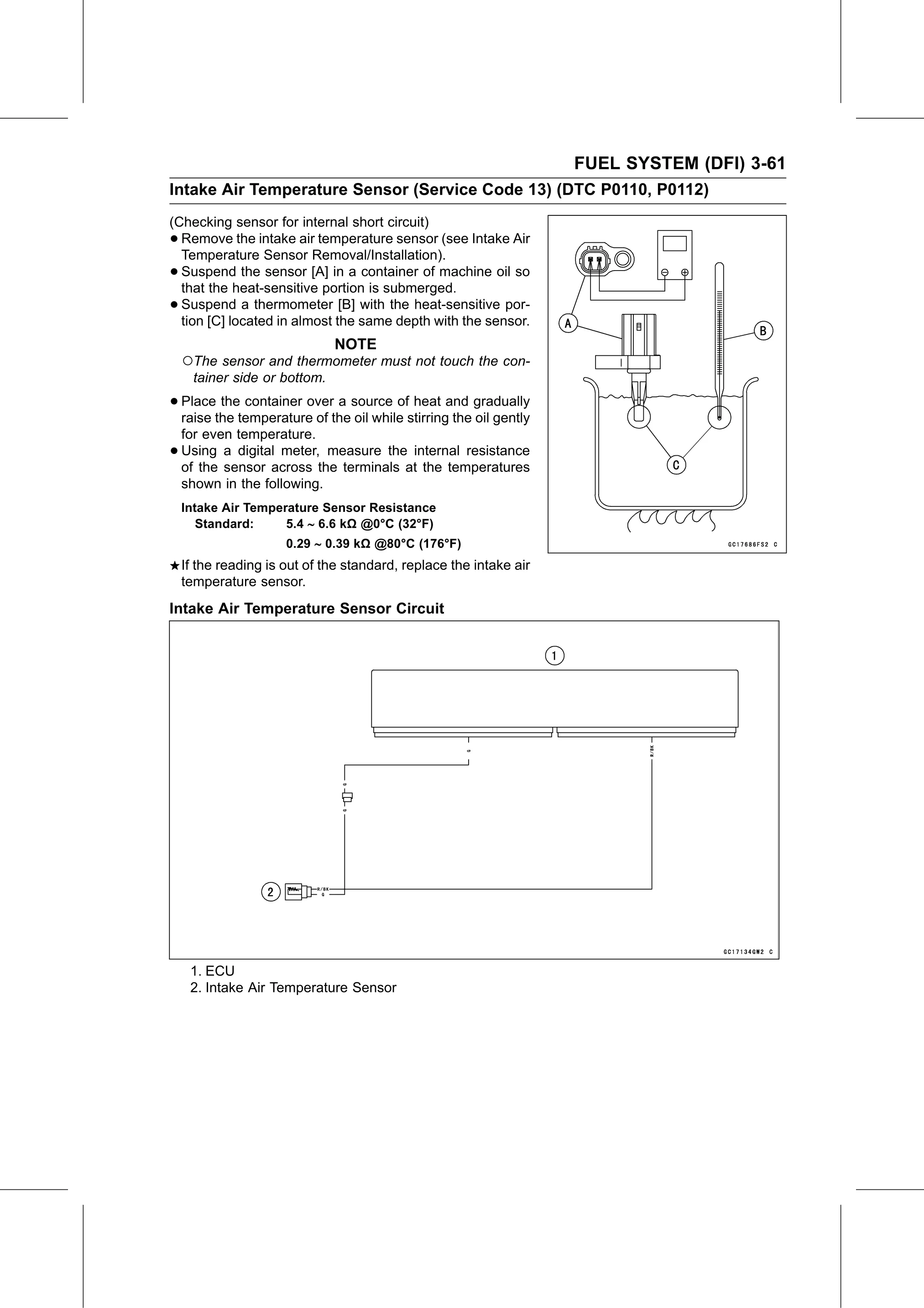 Service Manual page 151 — Fuel System (DFI) › Intake Air Temperature Sensor Inspection (Service Code 13/DTC P0112)