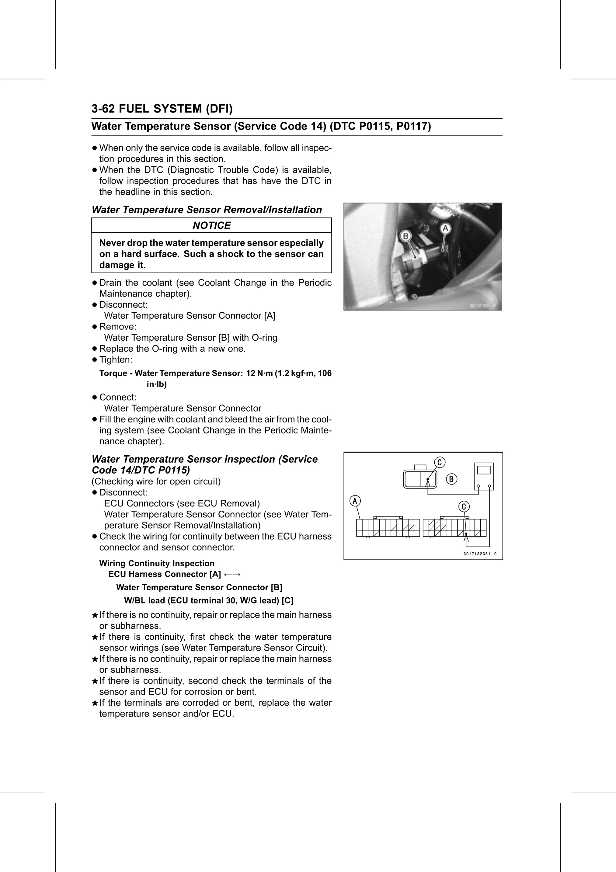 Service Manual page 152 — Fuel System (DFI) › Water Temperature Sensor Inspection (Service Code 14/DTC P0115)