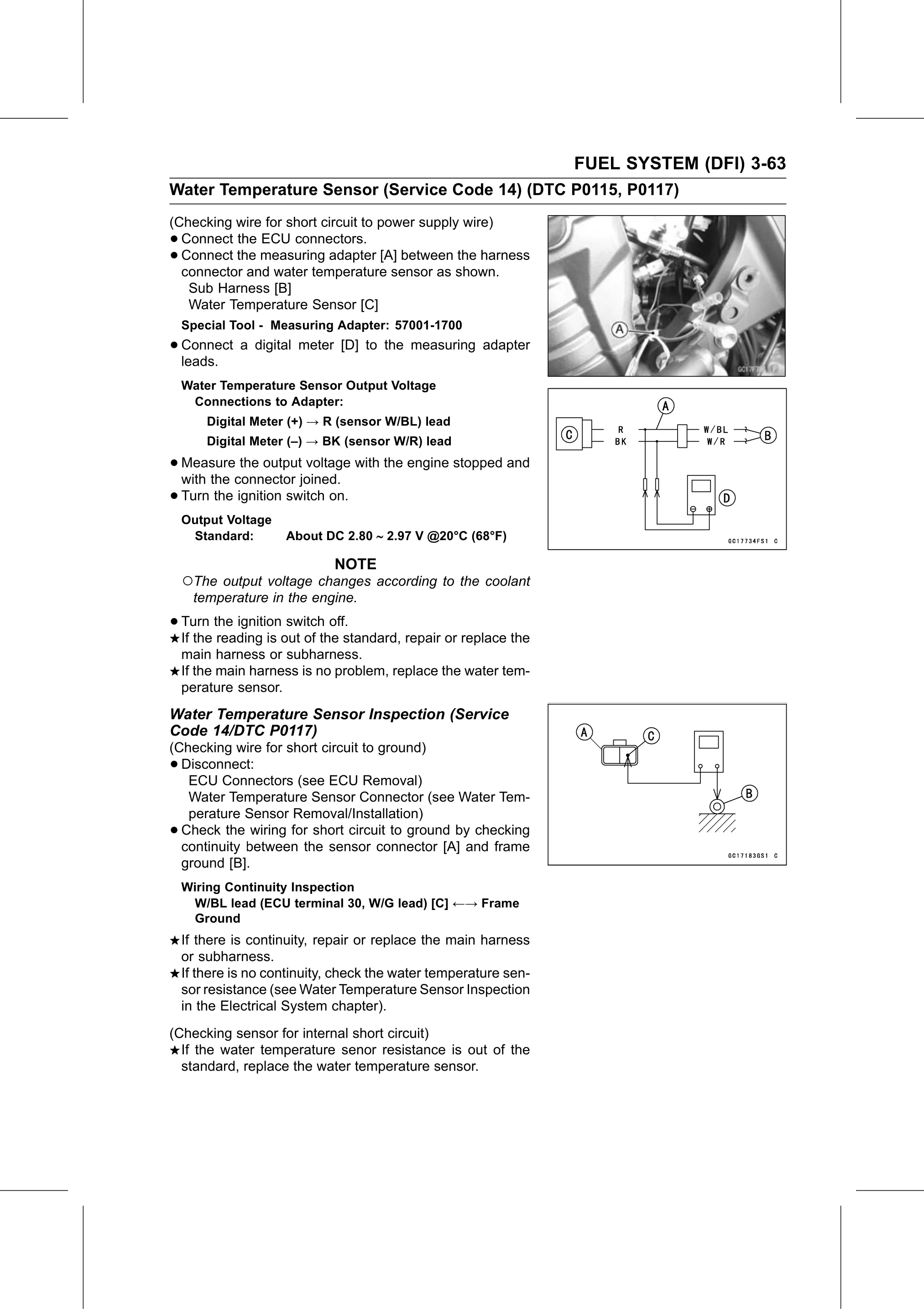 Service Manual page 153 — Fuel System (DFI) › Water Temperature Sensor Inspection (Service Code 14/DTC P0117)