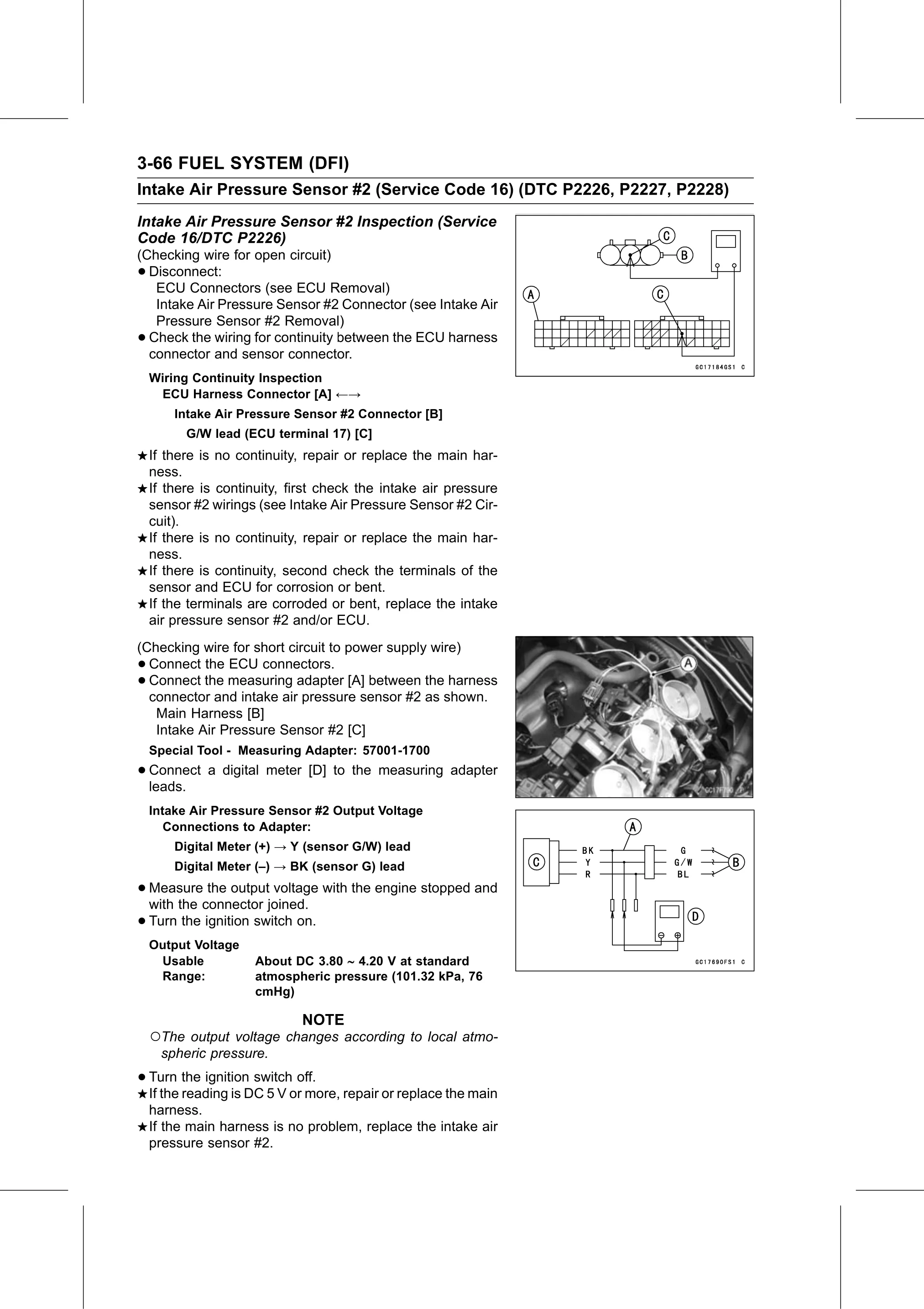 Service Manual page 156 — Fuel System (DFI) › Intake Air Pressure Sensor #2 Inspection (Service Code 16/DTC P2226)