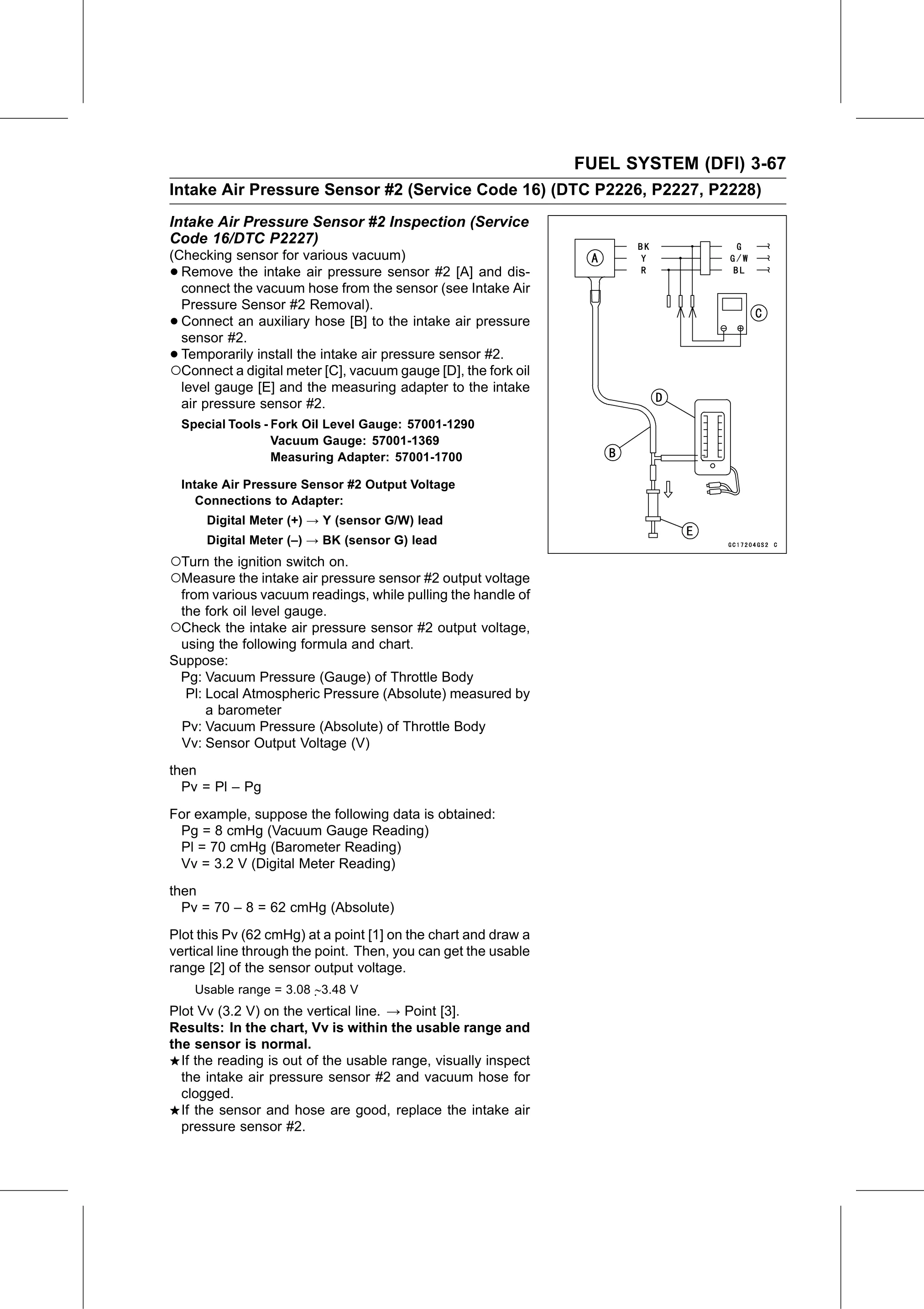 Service Manual page 157 — Fuel System (DFI) › Intake Air Pressure Sensor #2 Inspection (Service Code 16/DTC P2227)