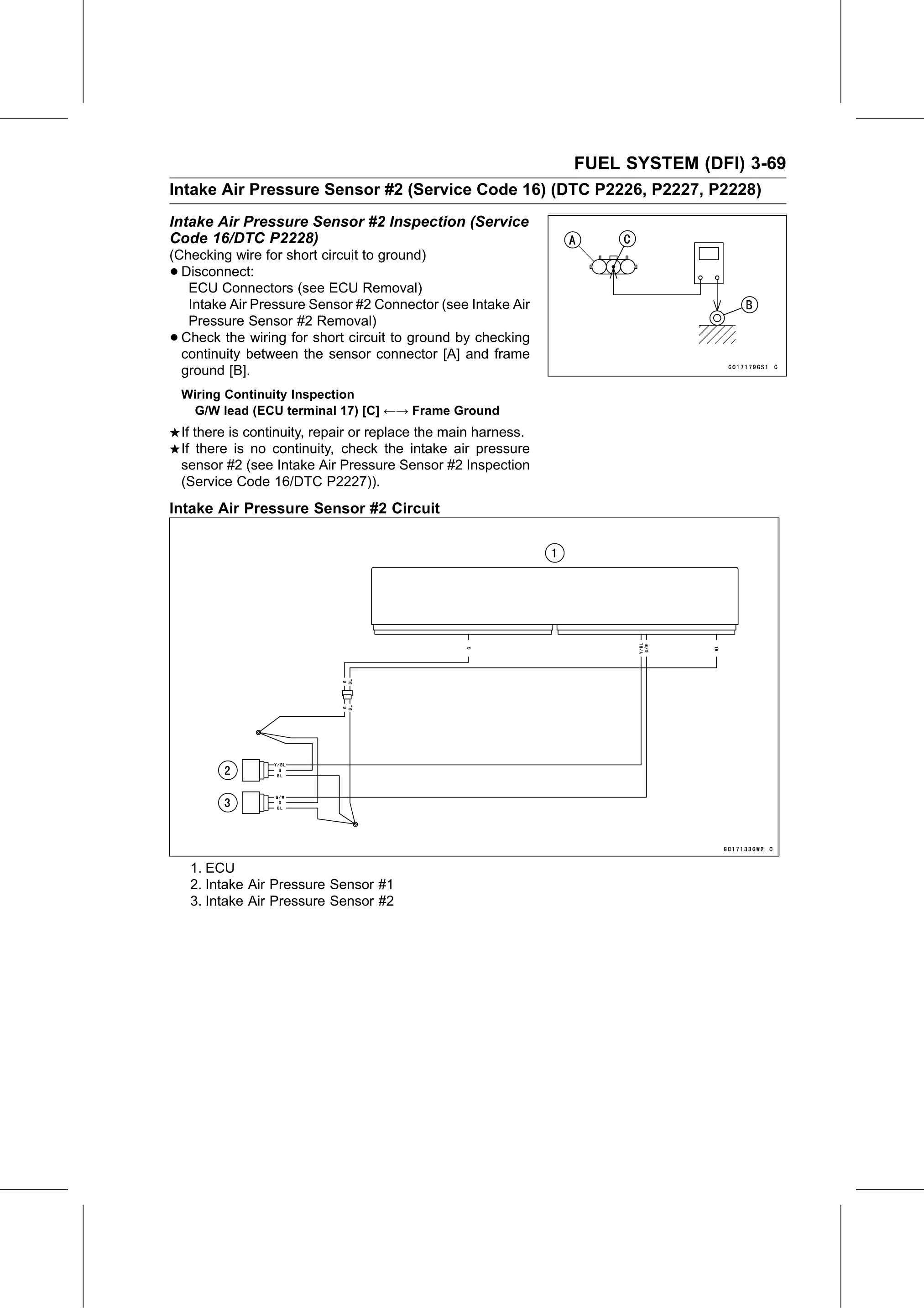 Service Manual page 159 — Fuel System (DFI) › Intake Air Pressure Sensor #2 Inspection (Service Code 16/DTC P2228)