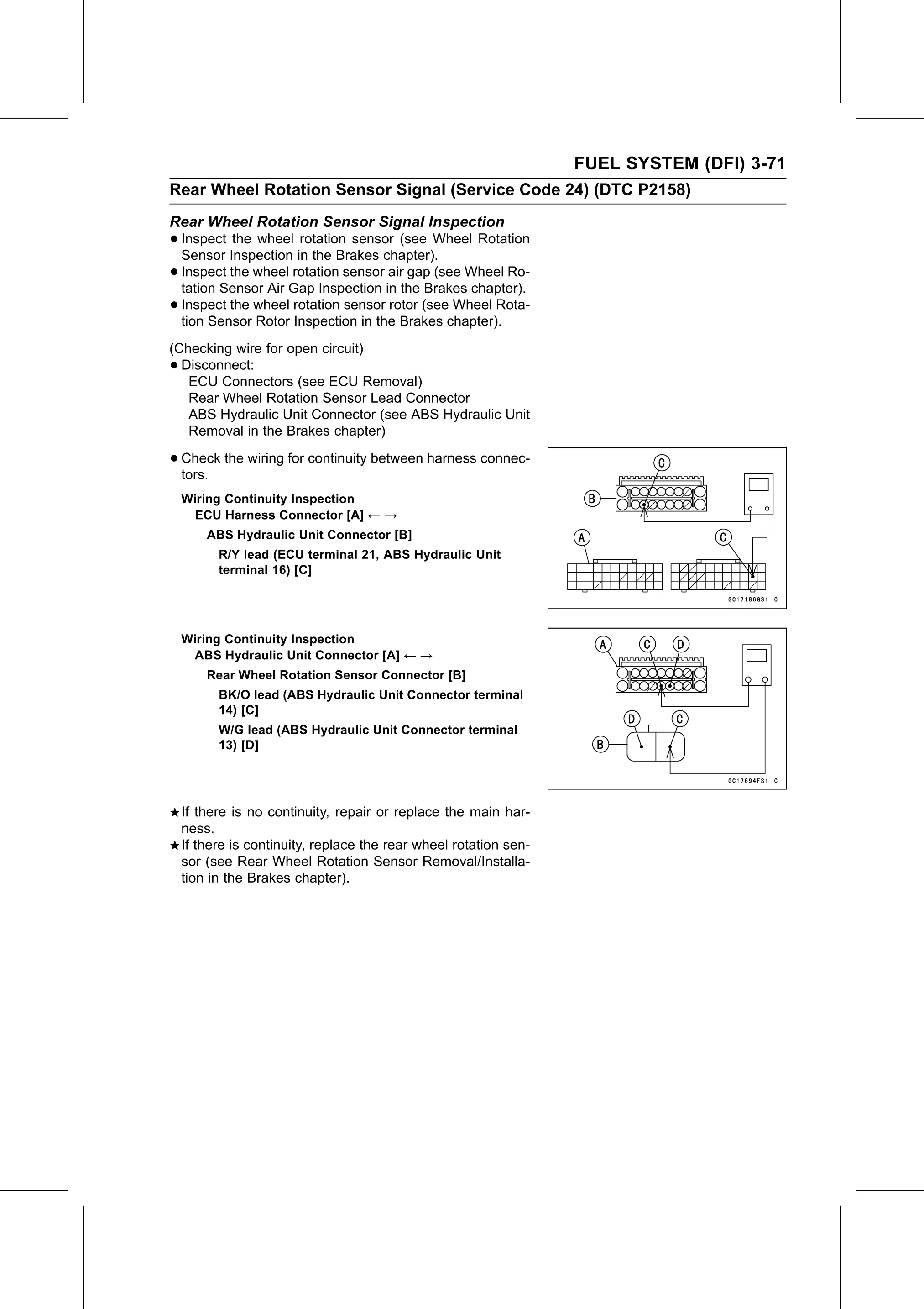 Service Manual page 161 — Fuel System (DFI) › Rear Wheel Rotation Sensor Signal Inspection