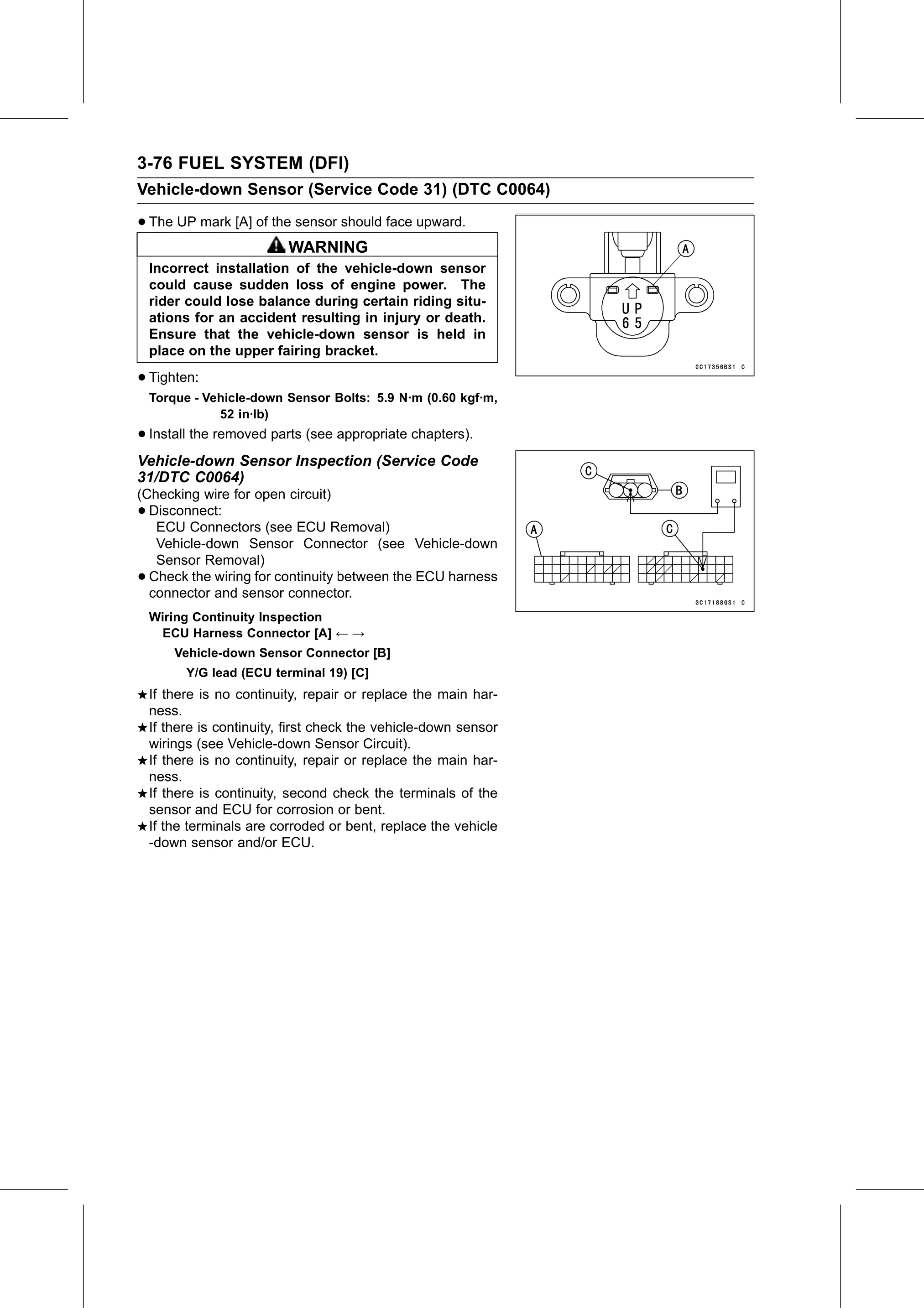 Service Manual page 166 — Fuel System (DFI) › Vehicle-down Sensor Inspection (Service Code 31/DTC C0064)