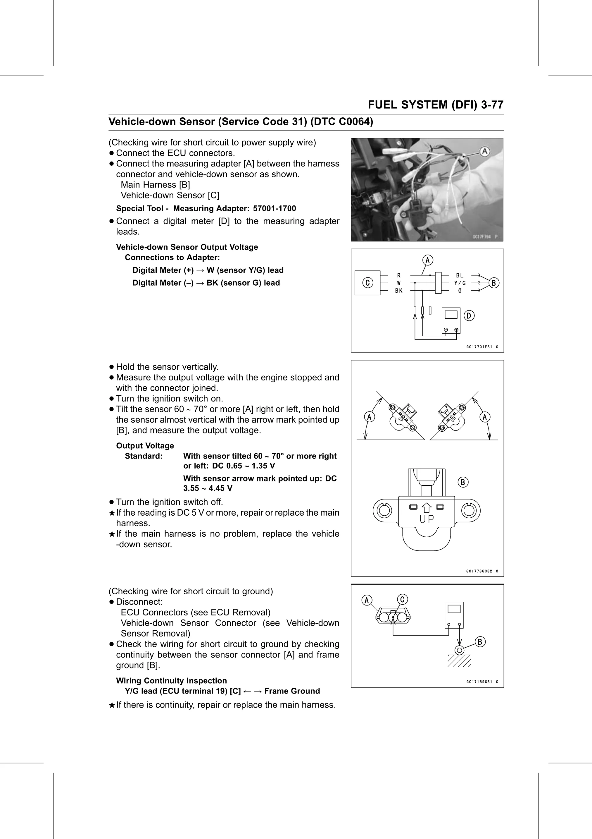 Service Manual page 167 — Fuel System (DFI) › Vehicle-down Sensor Inspection (Service Code 31/DTC C0064)