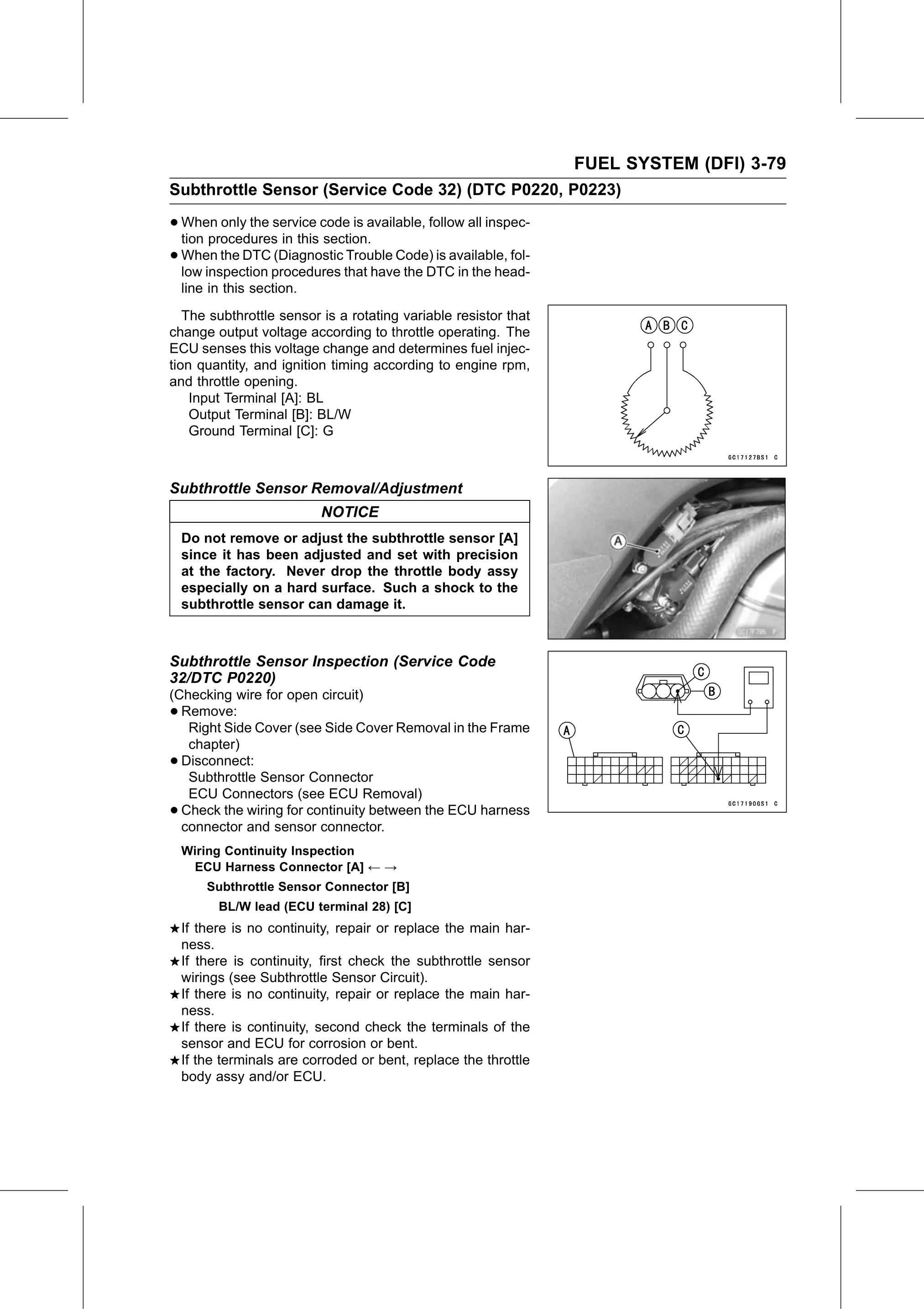 Service Manual page 169 — Fuel System (DFI) › Subthrottle Sensor Inspection (Service Code 32/DTC P0220)