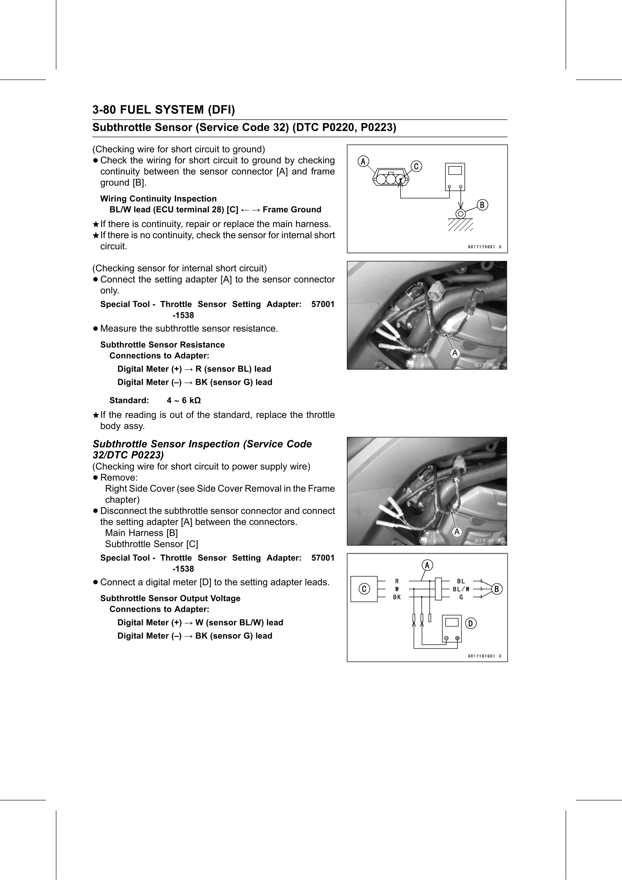 Service Manual page 170 — Fuel System (DFI) › Subthrottle Sensor Inspection (Service Code 32/DTC P0223)