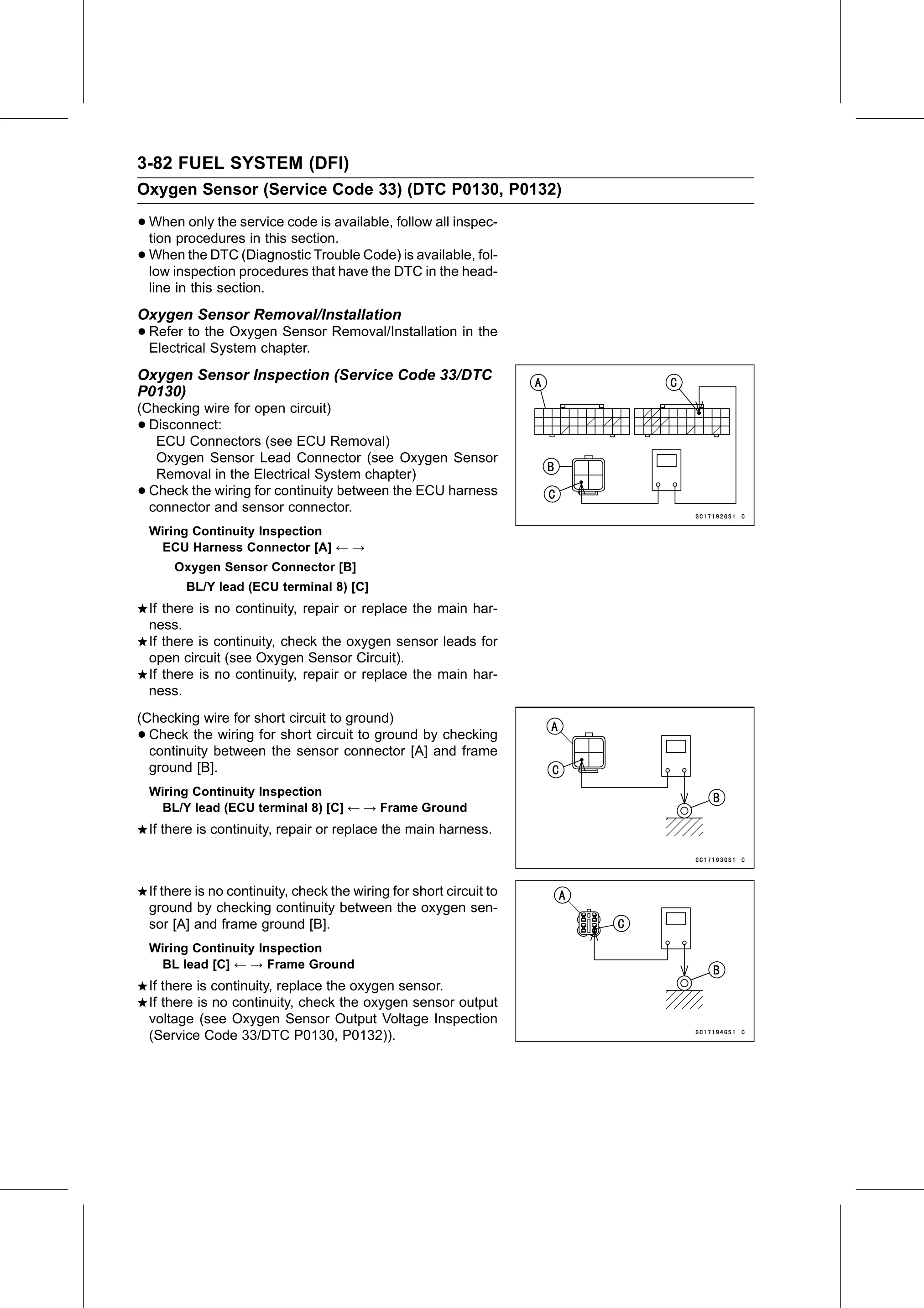 Service Manual page 172 — Fuel System (DFI) › Oxygen Sensor Inspection (Service Code 33/DTC P0130)