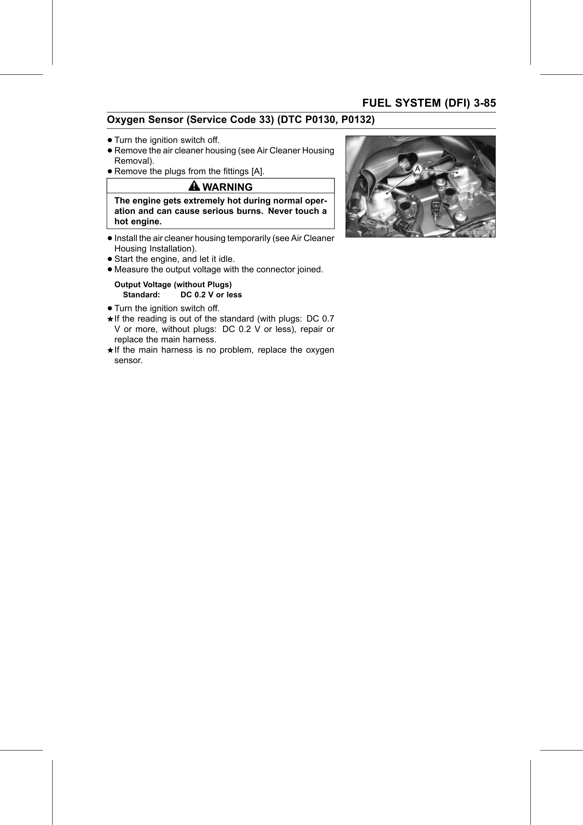 Service Manual page 175 — Fuel System (DFI) › Oxygen Sensor Output Voltage Inspection (Service Code 33/DTC P0130, P0132)