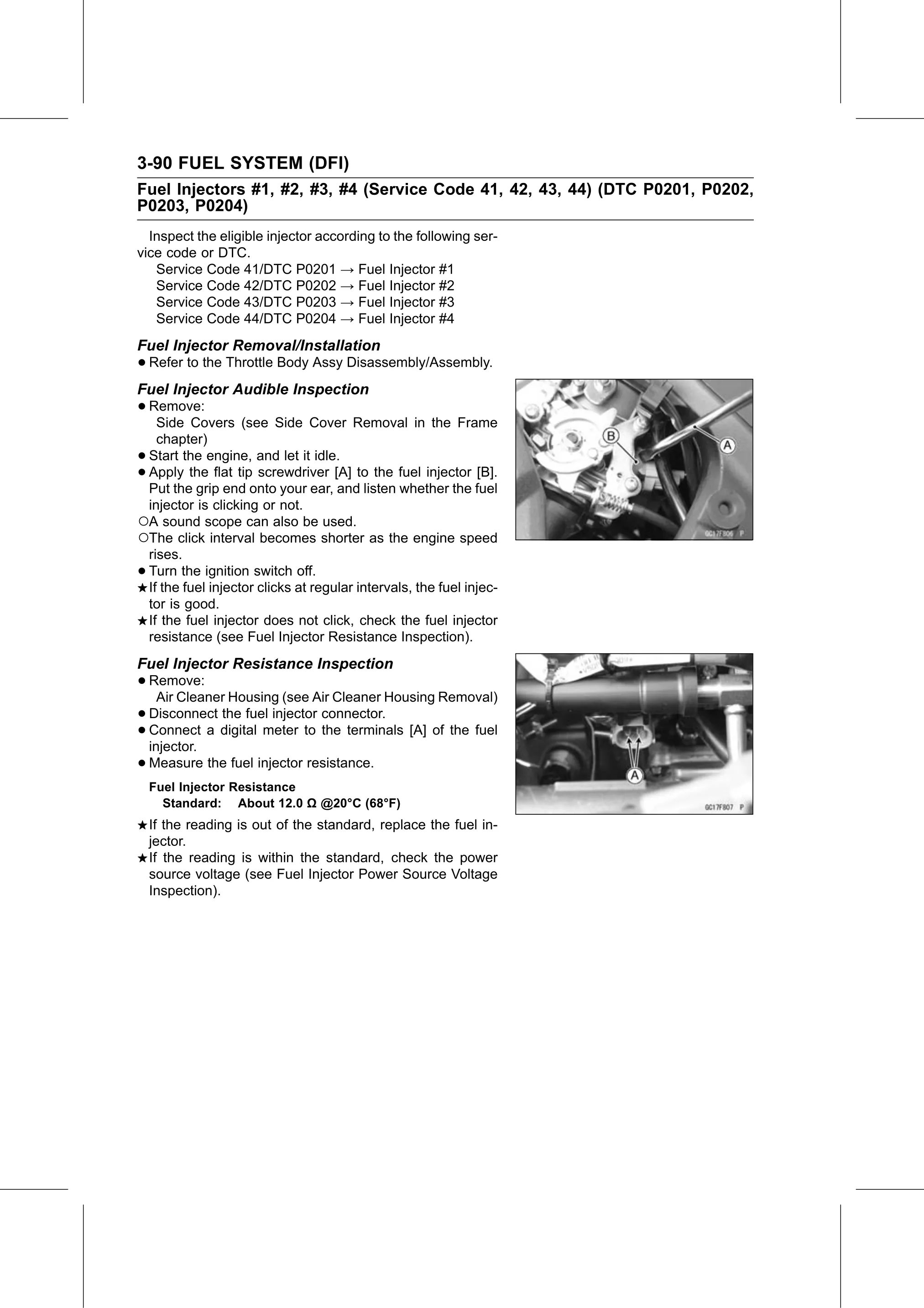 Service Manual page 180 — Fuel System (DFI) › Fuel Injector Resistance Inspection