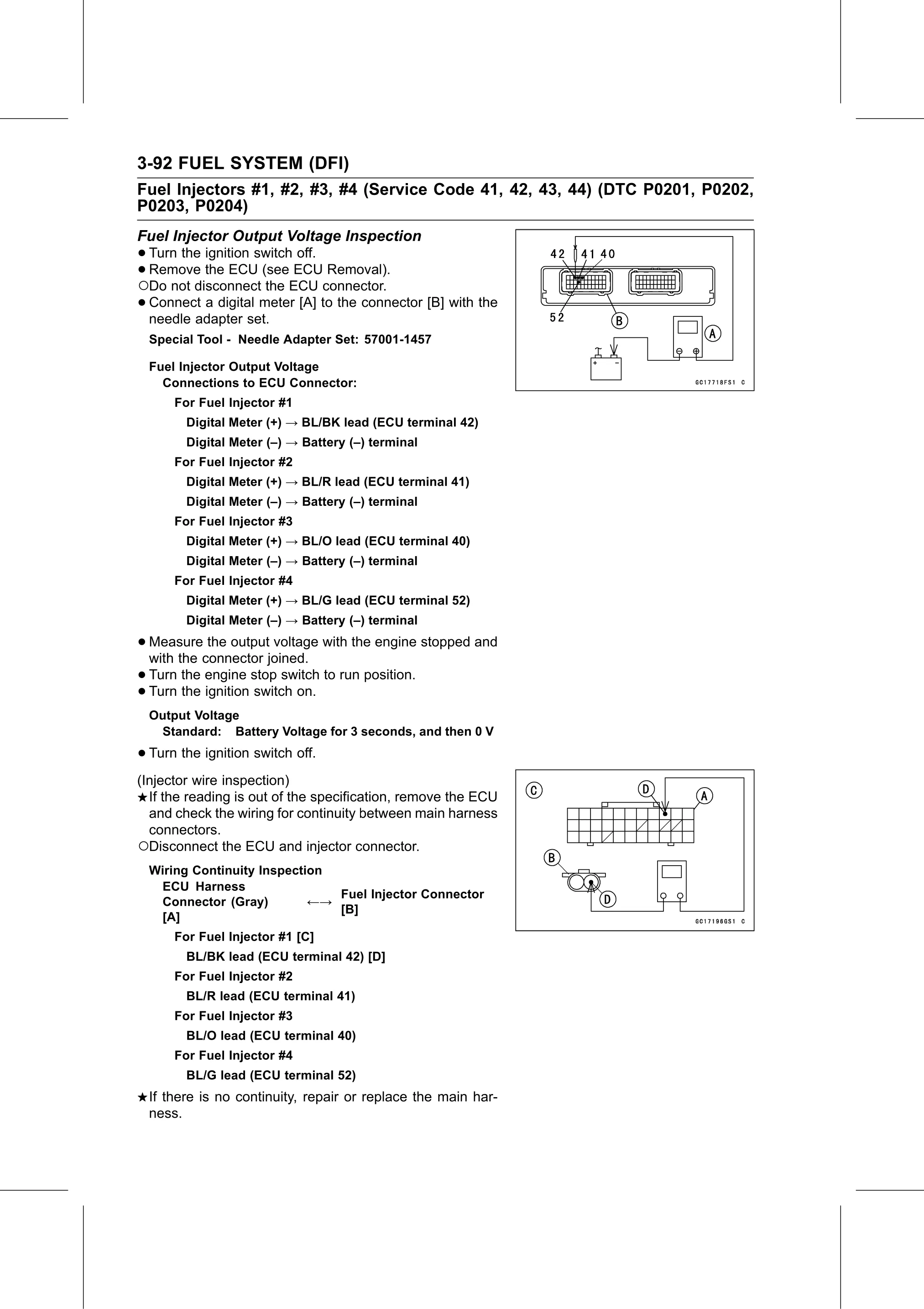 Service Manual page 182 — Fuel System (DFI) › Fuel Injector Output Voltage Inspection