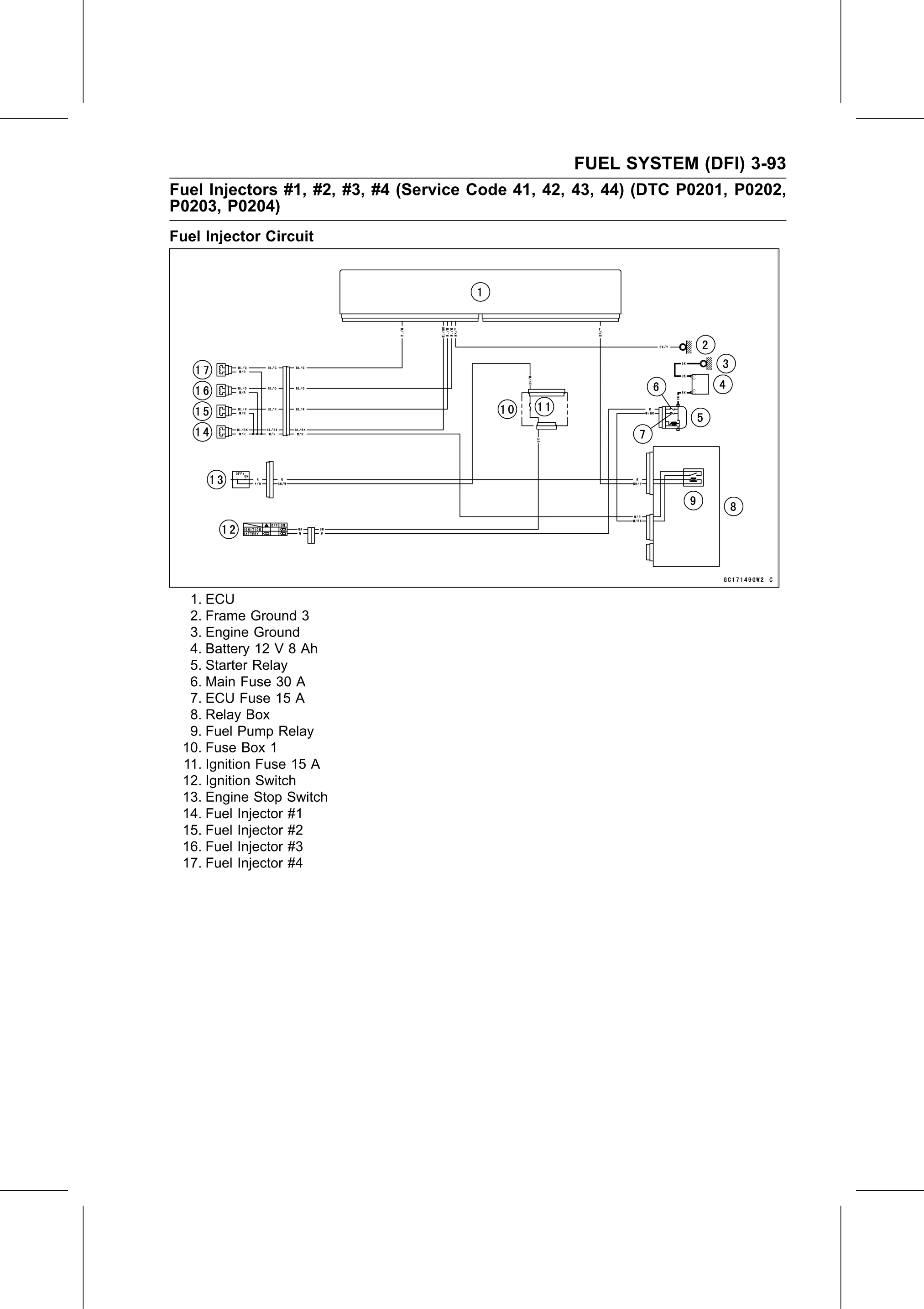 Service Manual page 183 — Fuel System (DFI) › Fuel Injector Output Voltage Inspection