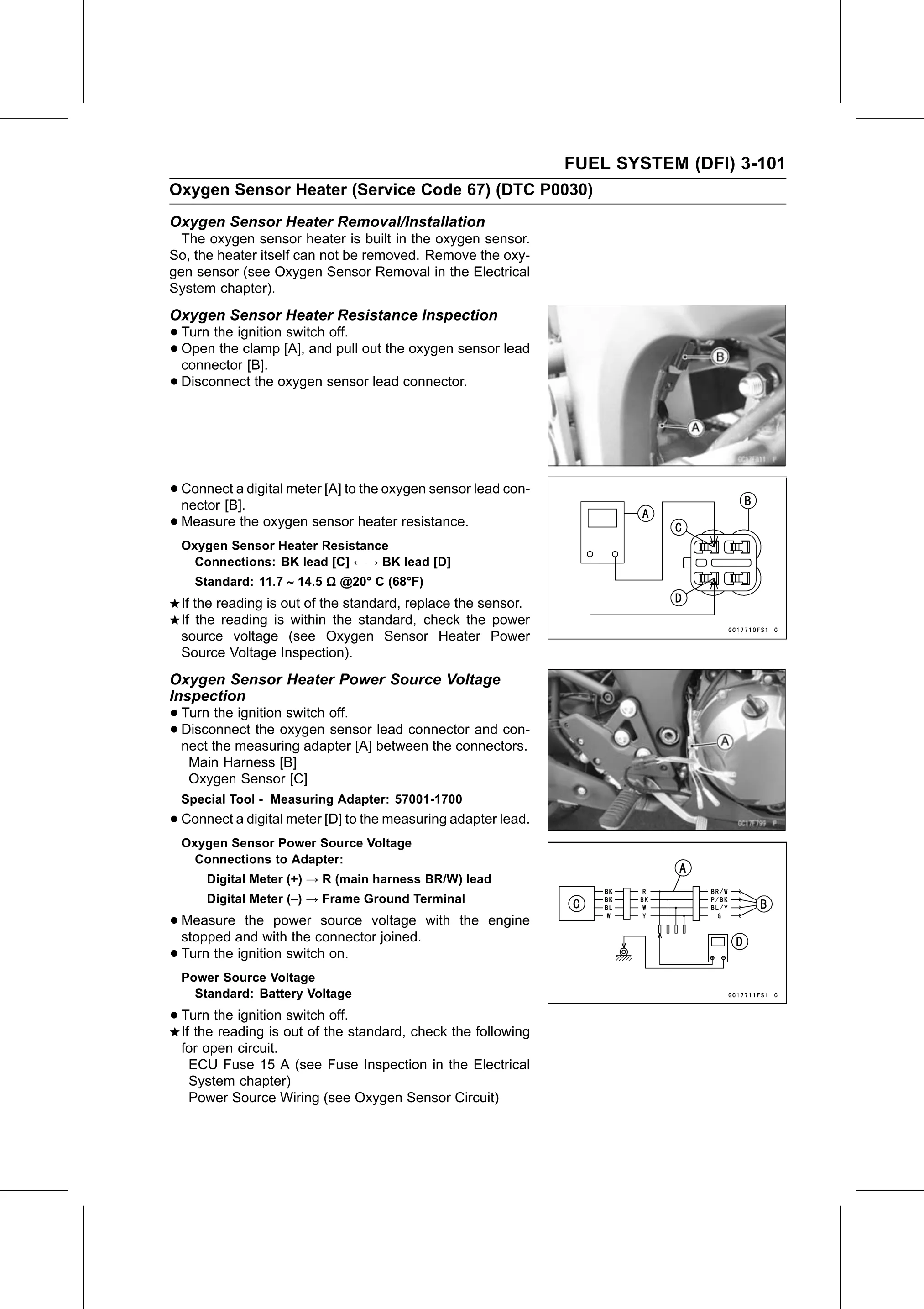 Service Manual page 191 — Fuel System (DFI) › Oxygen Sensor Heater Power Source Voltage Inspection