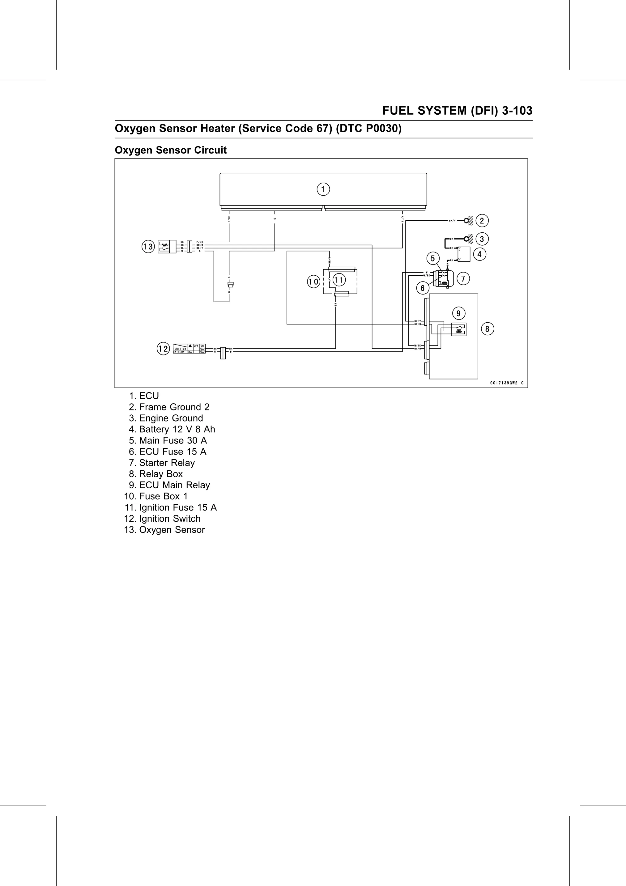 Service Manual page 193 — Fuel System (DFI) › Oxygen Sensor Heater Power Source Voltage Inspection