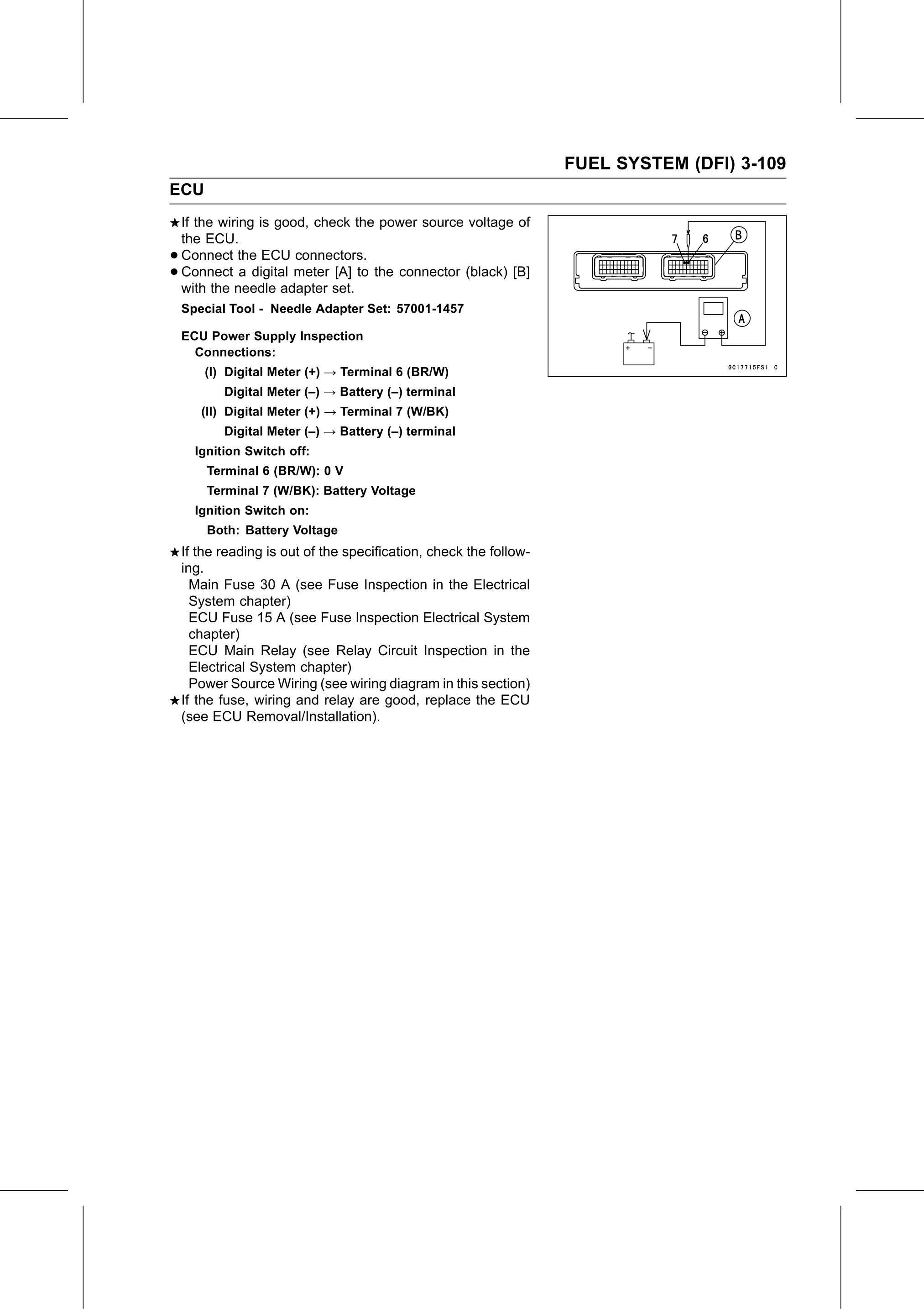 Service Manual page 199 — Fuel System (DFI) › ECU Power Supply Inspection
