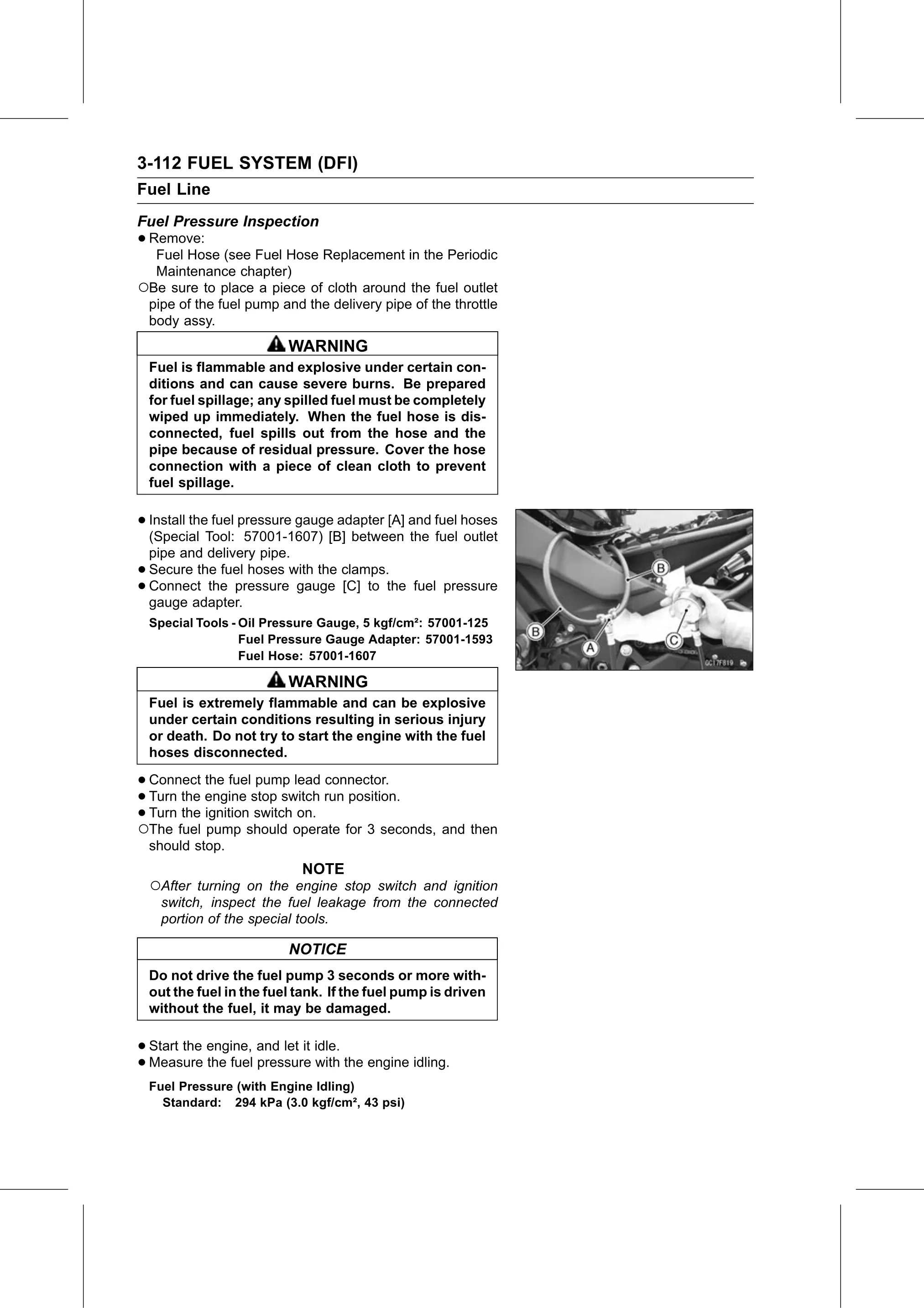 Service Manual page 202 — Fuel System (DFI) › Fuel Pressure Inspection