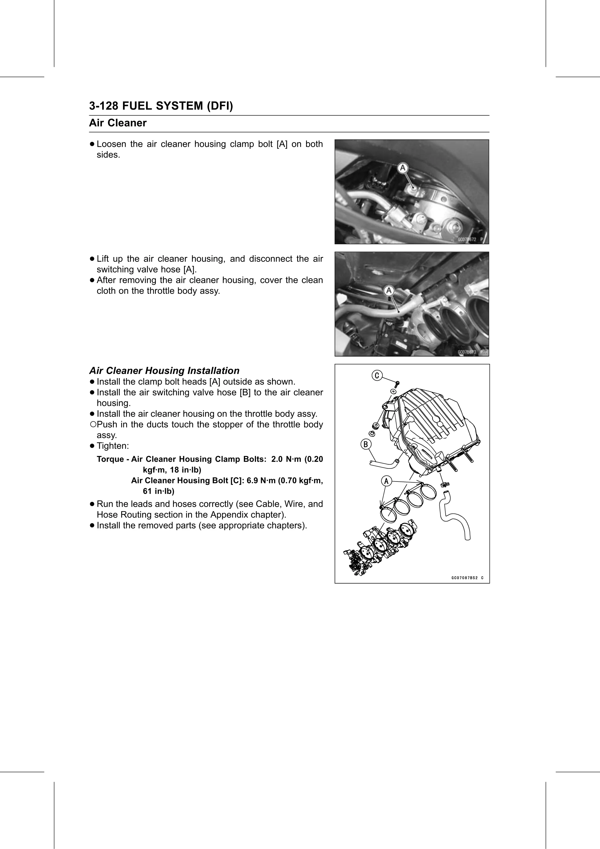Service Manual page 218 — Fuel System (DFI) › Air Cleaner Housing Installation