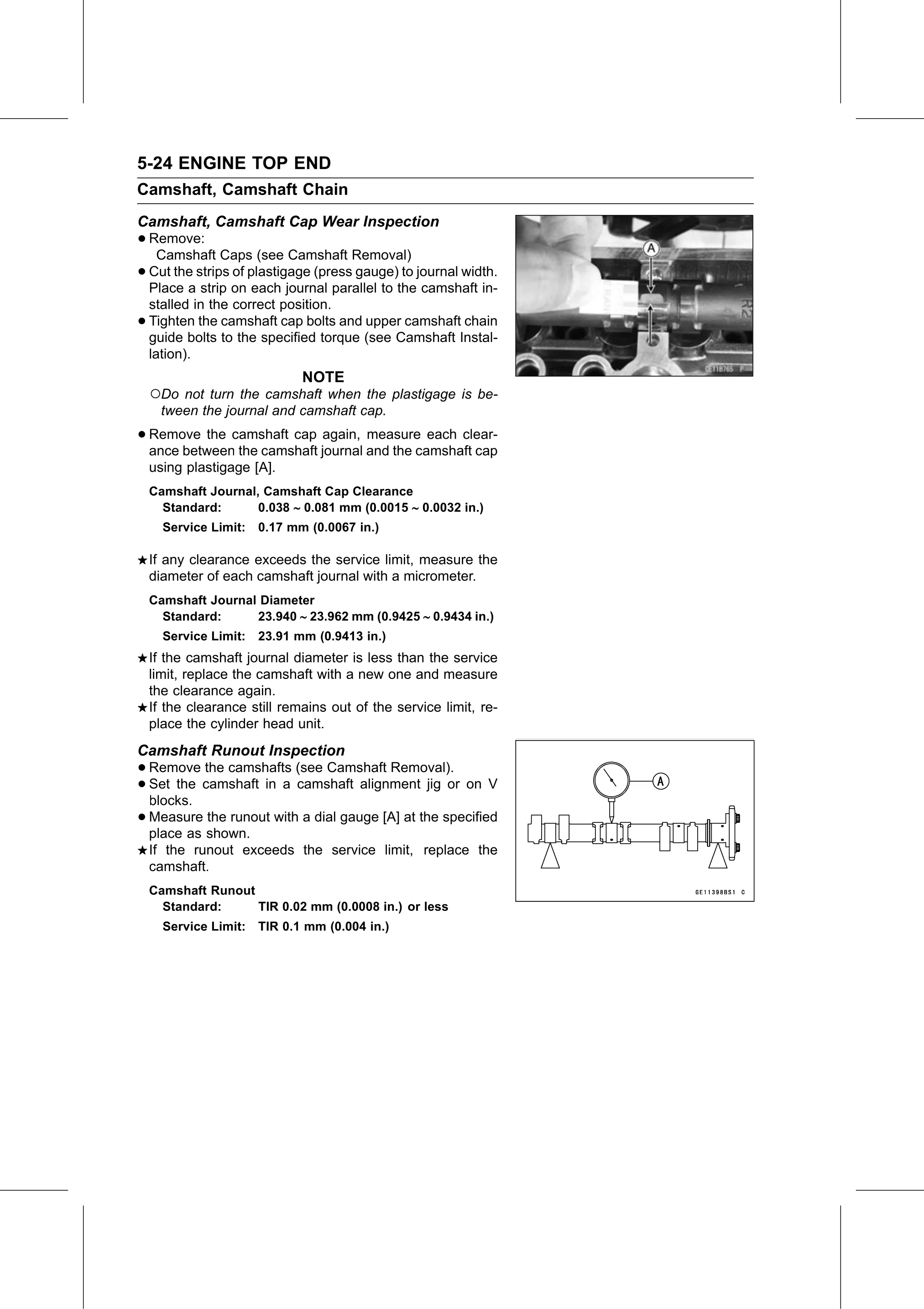 Service Manual page 274 — Engine Top End › Camshaft Runout Inspection