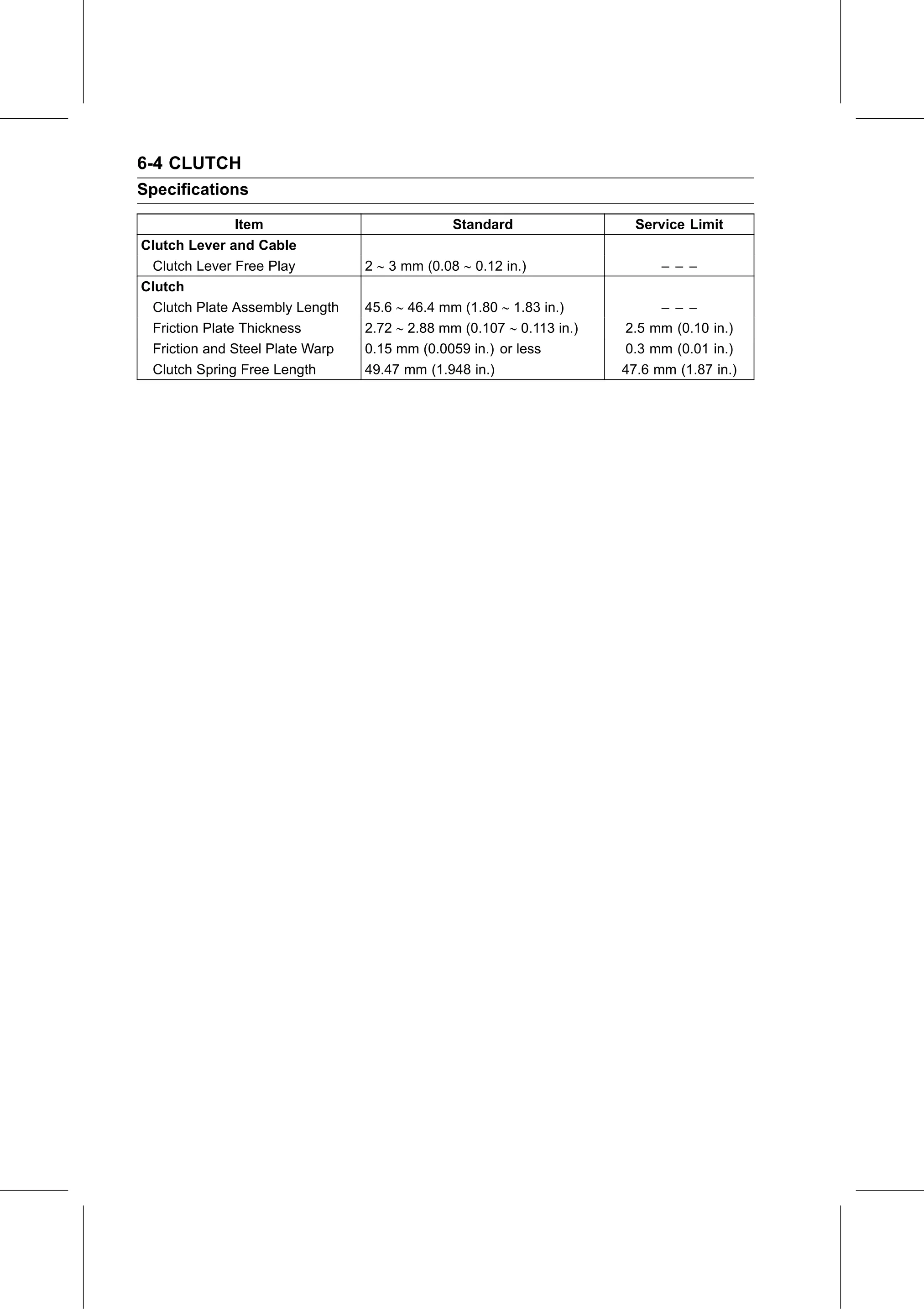 Service Manual page 302 — Clutch › Specifications