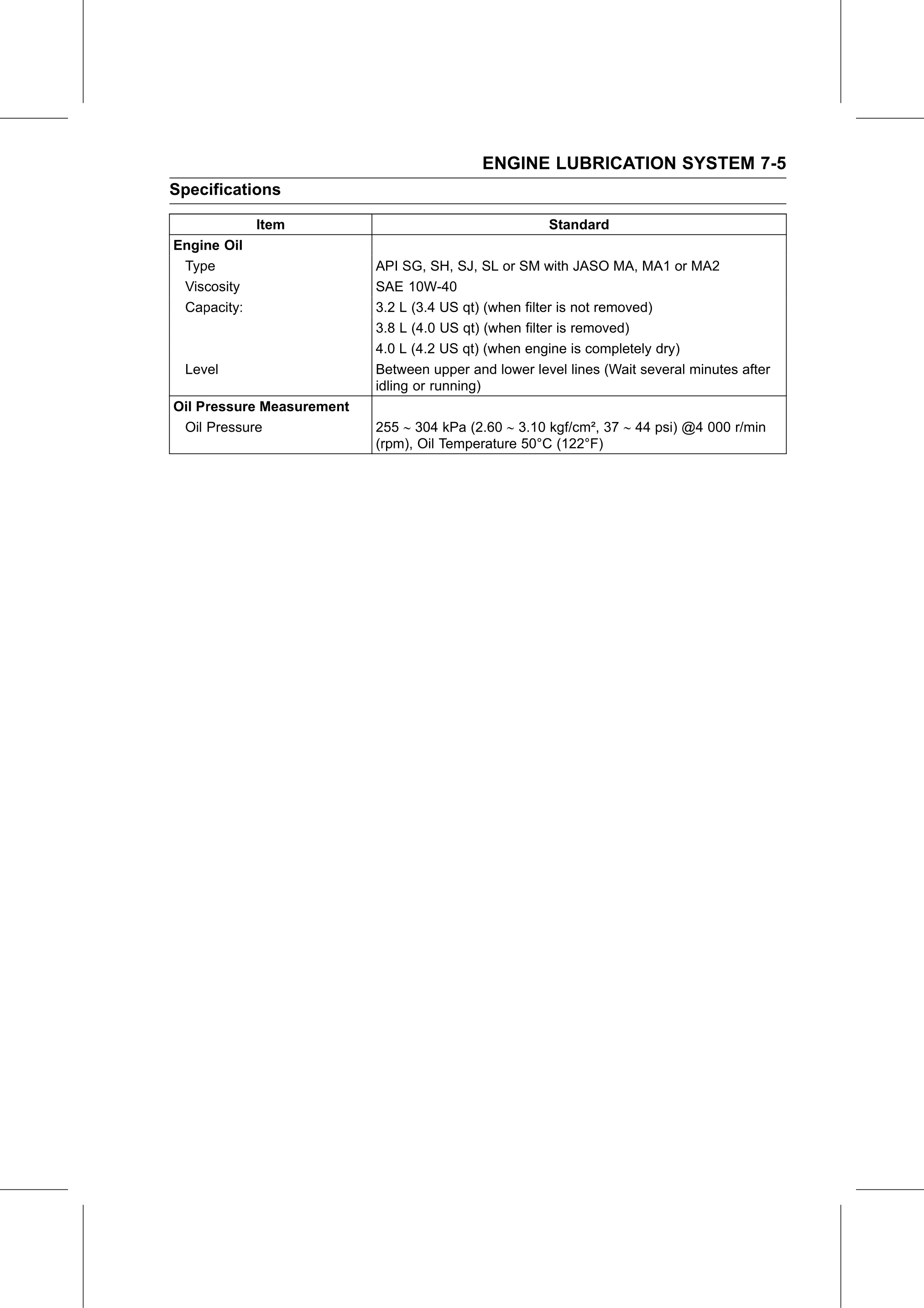 Service Manual page 321 — Engine Lubrication System › Specifications