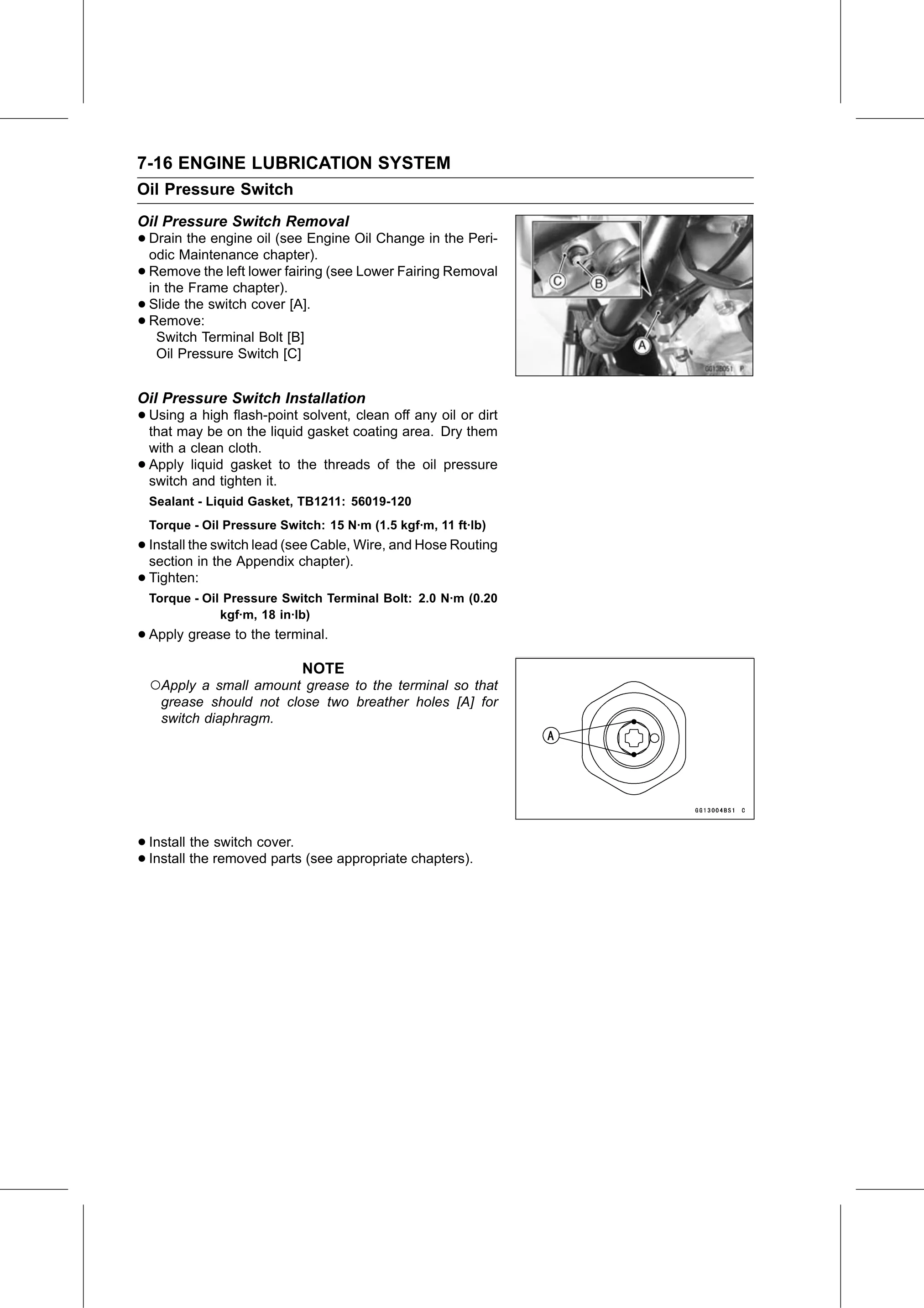 Service Manual page 332 — Engine Lubrication System › Oil Pressure Switch Installation