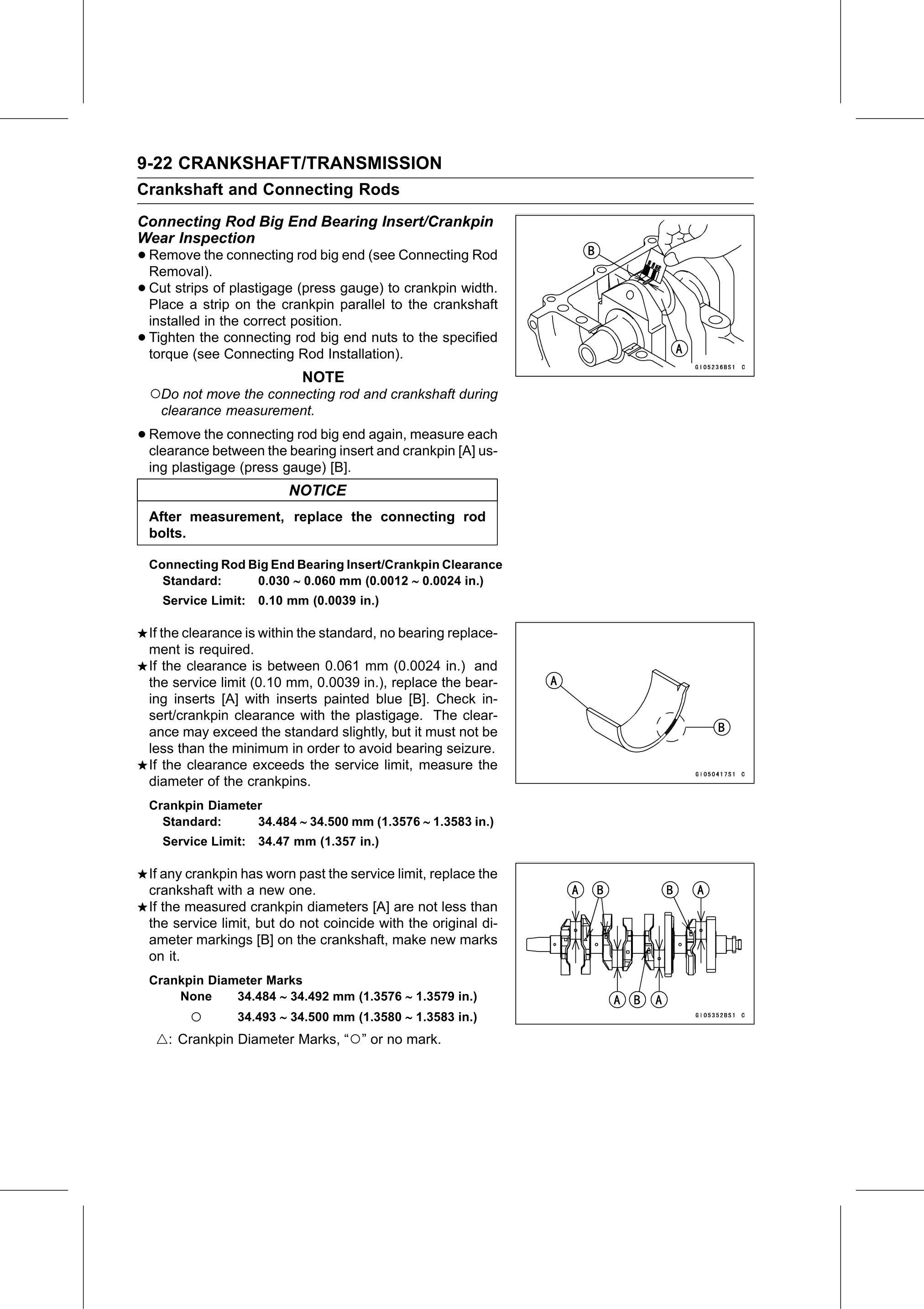 Service Manual page 368 — Crankshaft/Transmission › Connecting Rod Big End Bearing Insert/Crankpin Wear Inspection