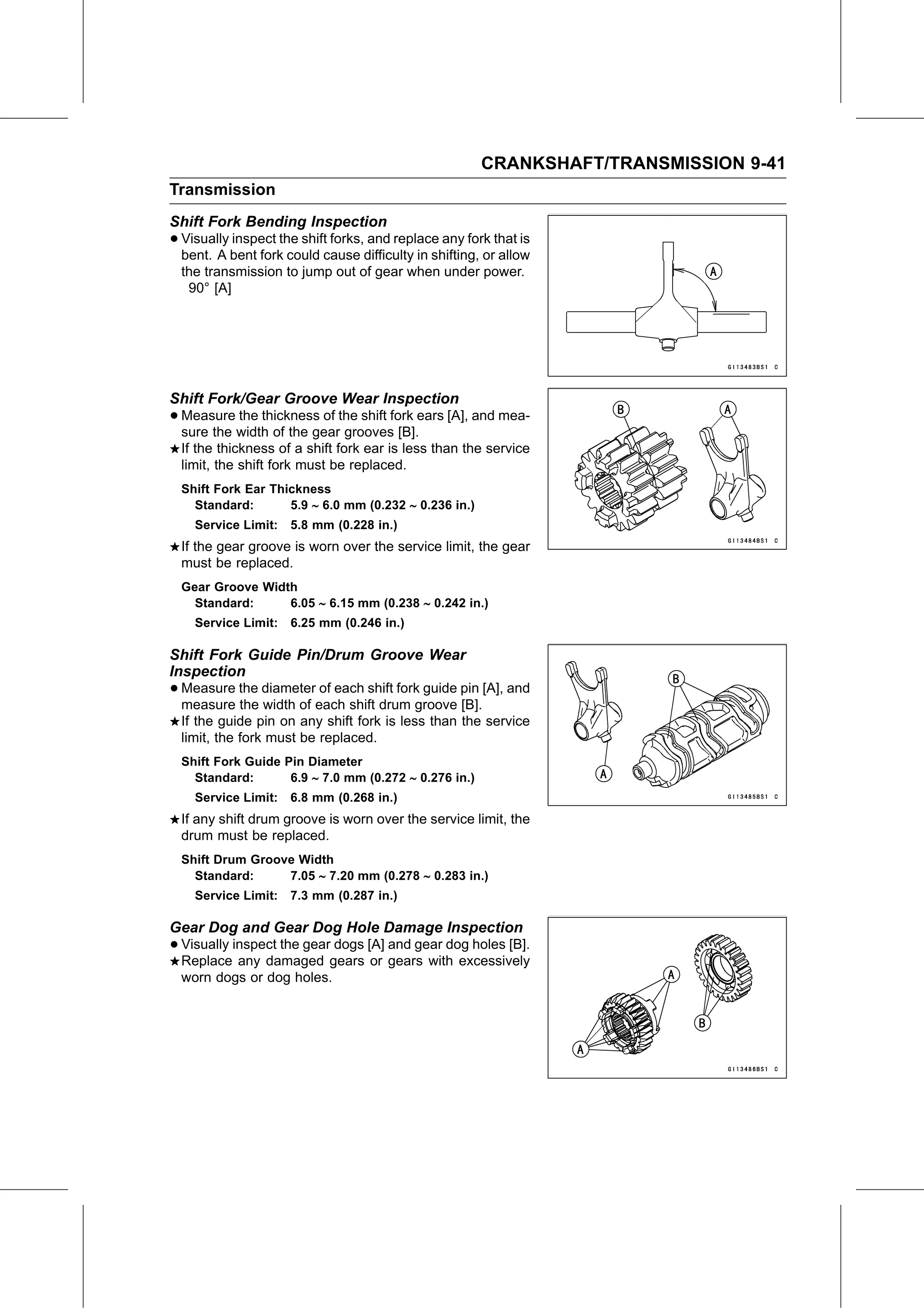 Service Manual page 387 — Crankshaft/Transmission › Gear Dog and Gear Dog Hole Damage Inspection