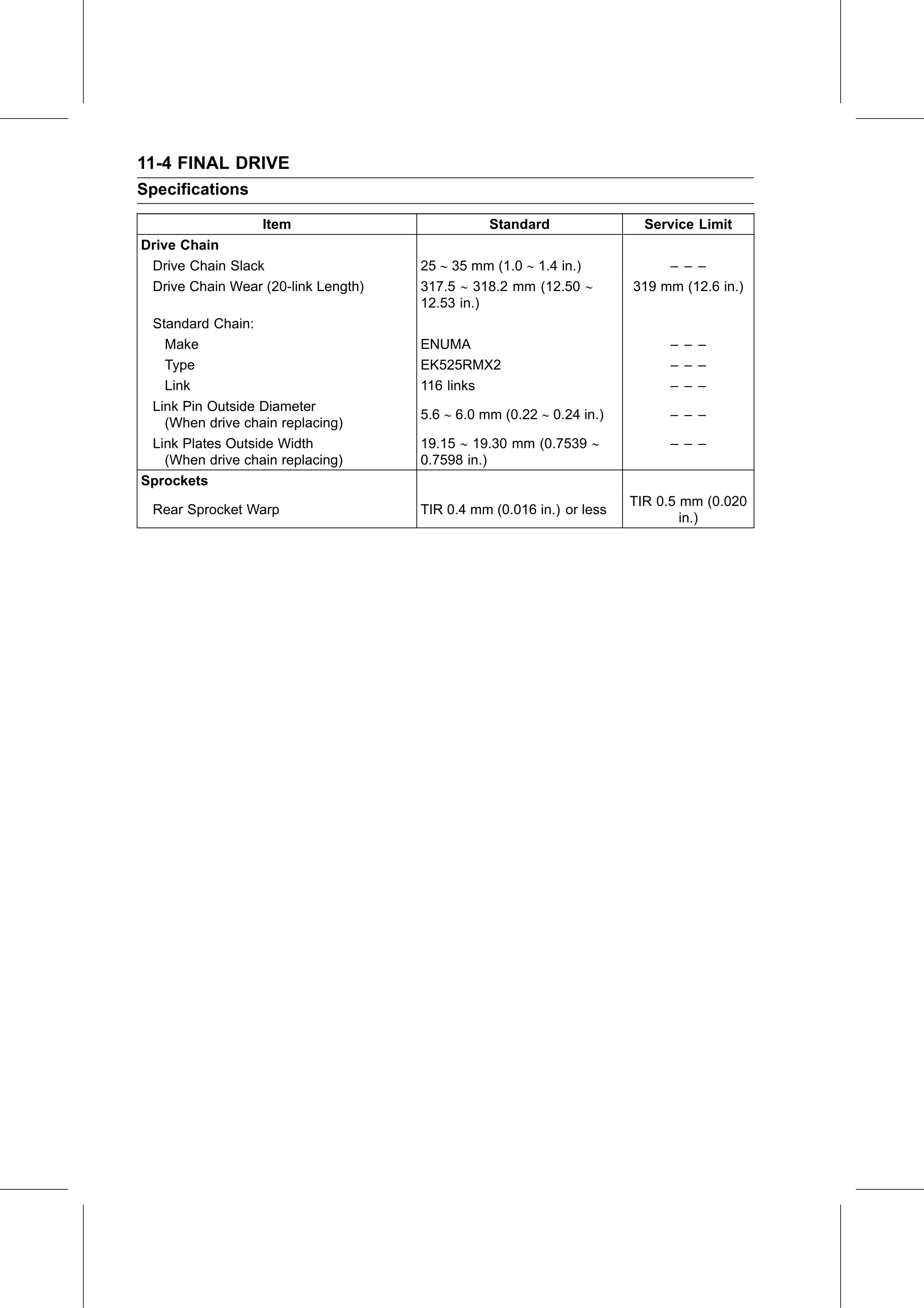 Service Manual page 410 — Final Drive › Specifications