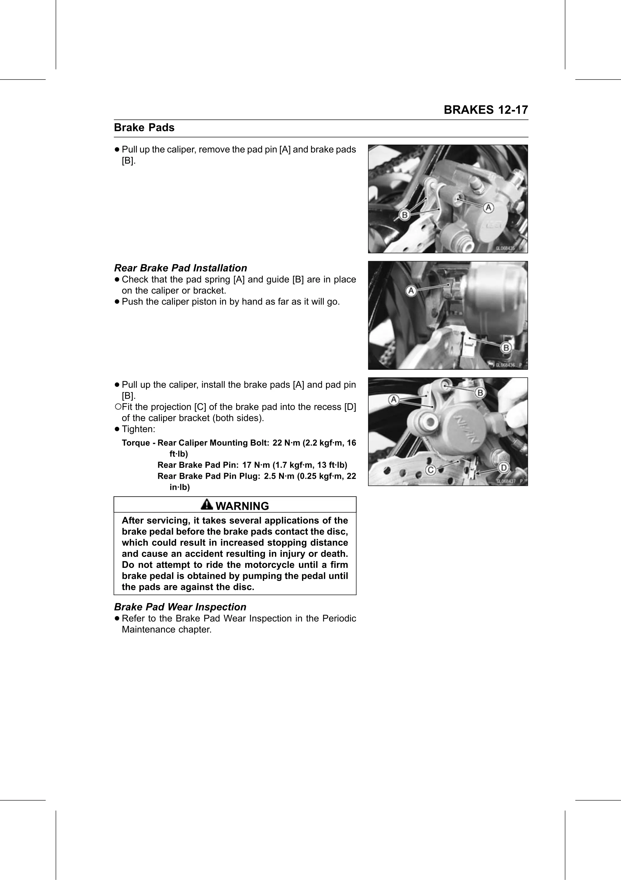 Service Manual page 439 — Brakes › Brake Pad Wear Inspection