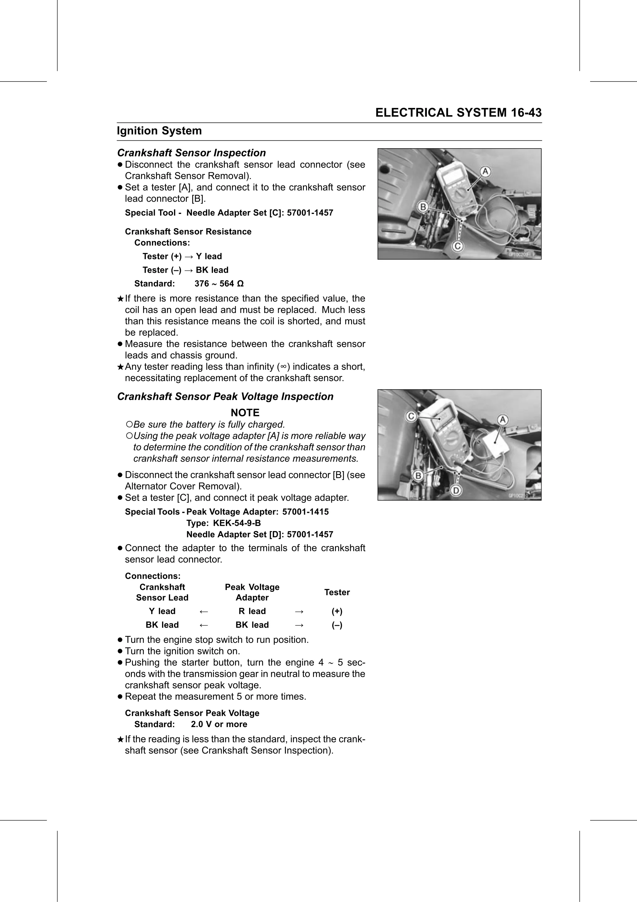 Service Manual page 603 — Electrical System › Crankshaft Sensor Peak Voltage Inspection