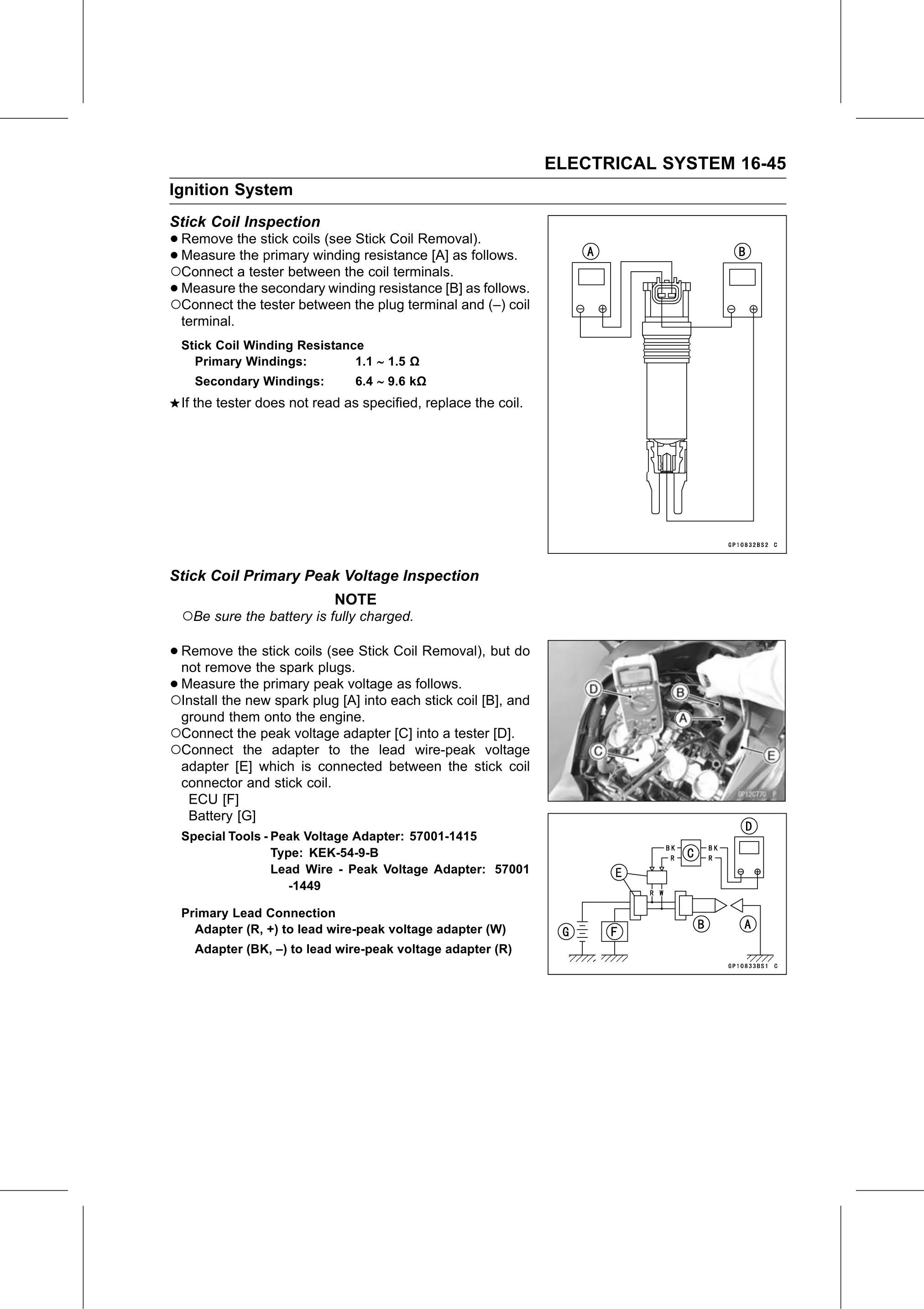 Service Manual page 605 — Electrical System › Stick Coil Primary Peak Voltage Inspection